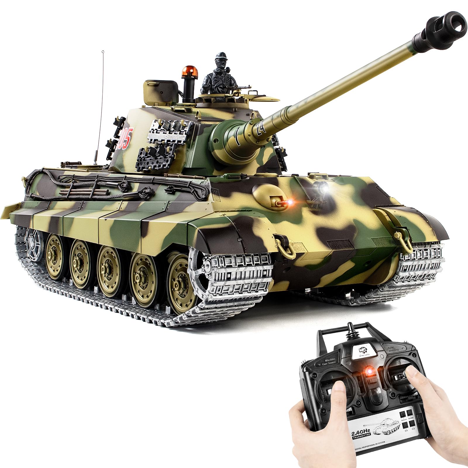 1/16 RC Tank, Heng Long German King Tiger model Army Toy with Smoke, Sound, Light, 2.4G Remote Control Tank That Shoot with Upgraded Metal Track, Idler and Sprocket Wheel, Steel Gearbox, Two Batteries