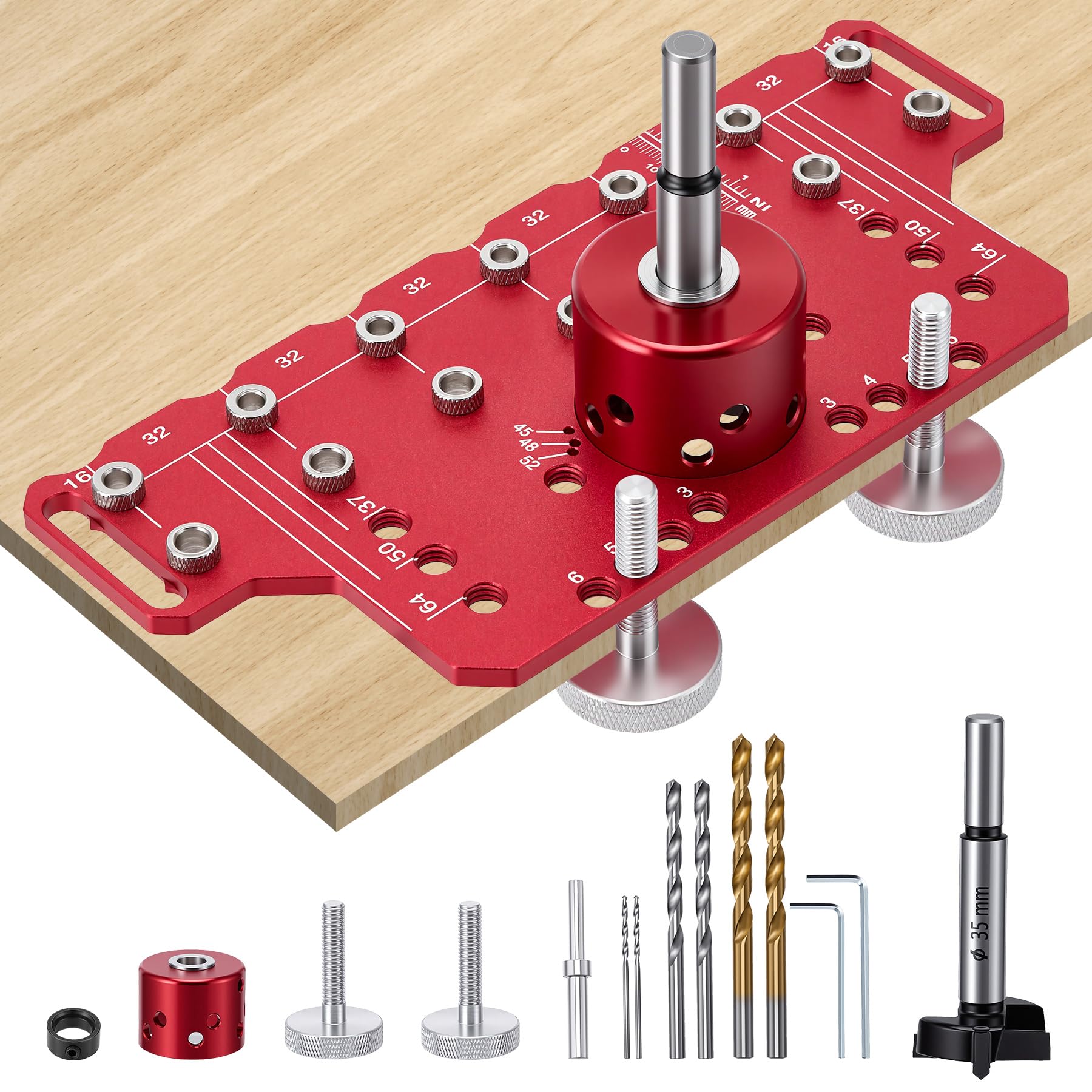 Lochreihen Bohrschablone, 2-in-1 Schablone für Regalstifte und Schrankscharniere Aluminiumlegierung Bohrschablone mit 2mm, 5mm und 1/4 Zoll Bohrern und 35mm Scharniervorrichtung für Regalstifte