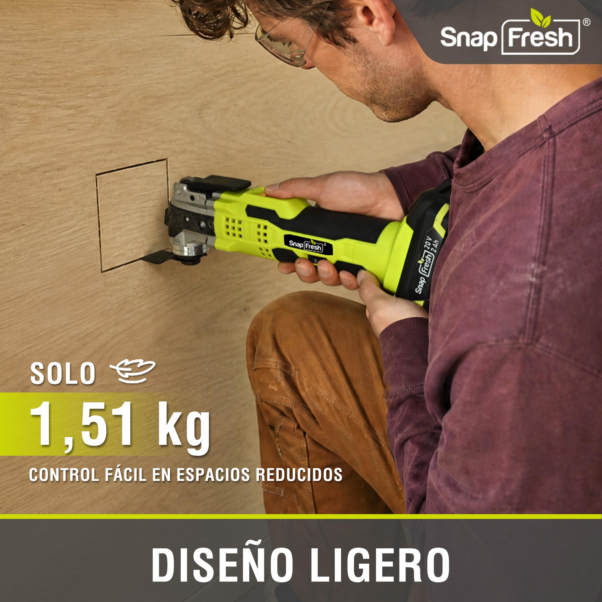 SnapFresh Herramienta Multifunción Oscilante Sin Cable 20V, 6 Velocidades Ajustables, Batería 2,0 Ah y Cargador Rápido, Ángulo de Oscilación 3,2°, 20 Accesorios para Corte, Lijado y Raspado