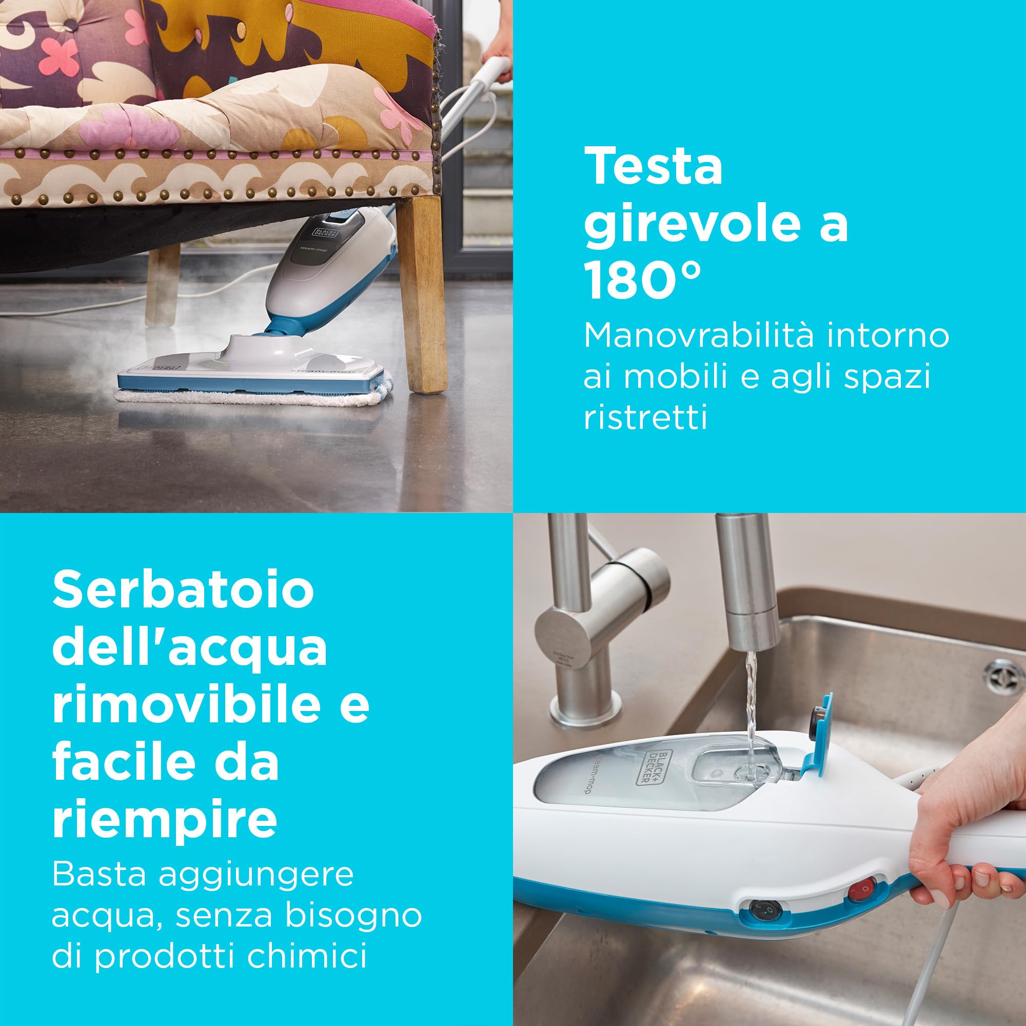 BLACK+DECKER Scopa a vapore 2 in 1 con pulitore portatile multifunzione con 5 accessori, FSMH13E5-QS