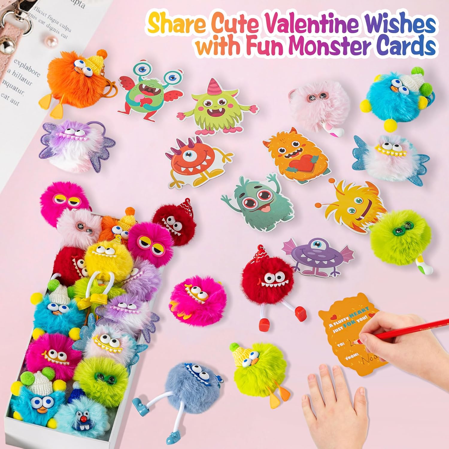 Valentines Day Gifts for Kids School Classroom Exchange, 28 Pack Monster Plush Keychains with 28 Cards Treat Bags and Ties, Non Candy Valentines Party Favors and Treasure Box Prizes, Green - Image 6
