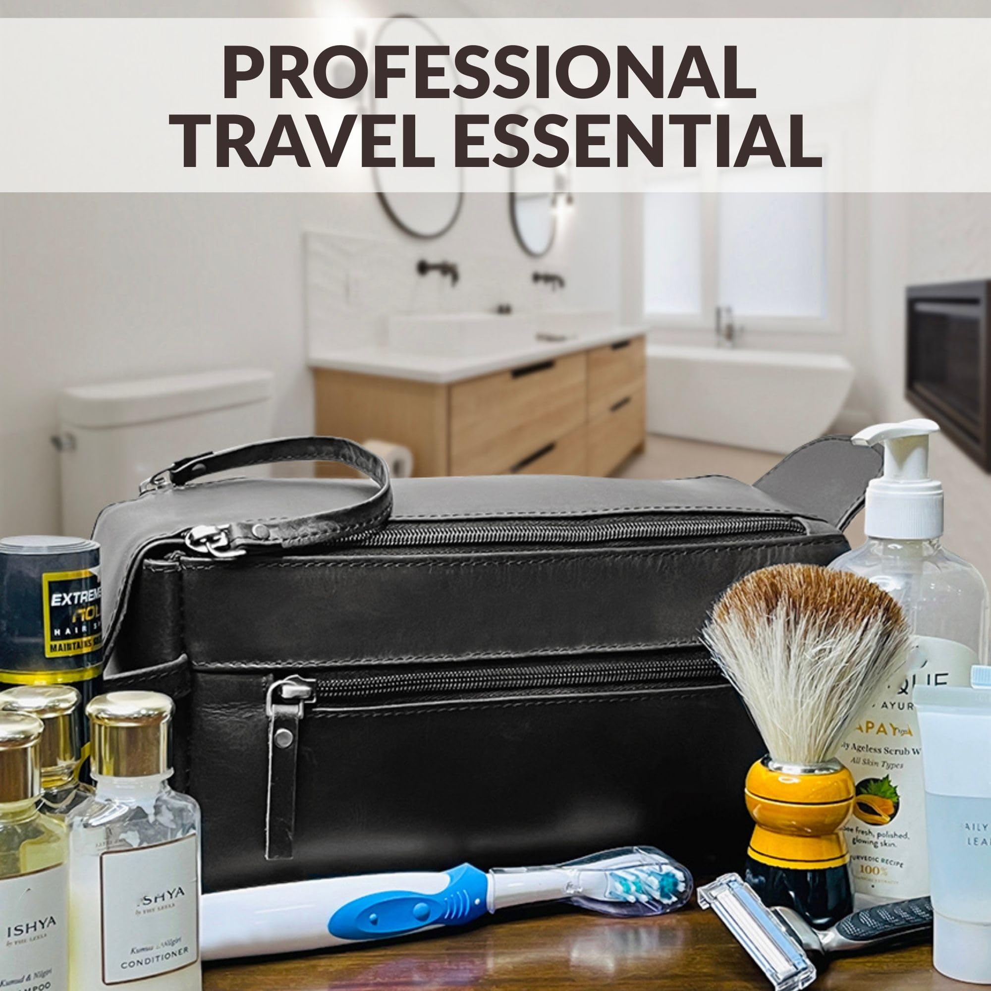 Neceser de cuero para hombre, organizador de higiene, kit de viaje Rustic Town, negro, Medium, Neceser de viaje de cuero para hombre