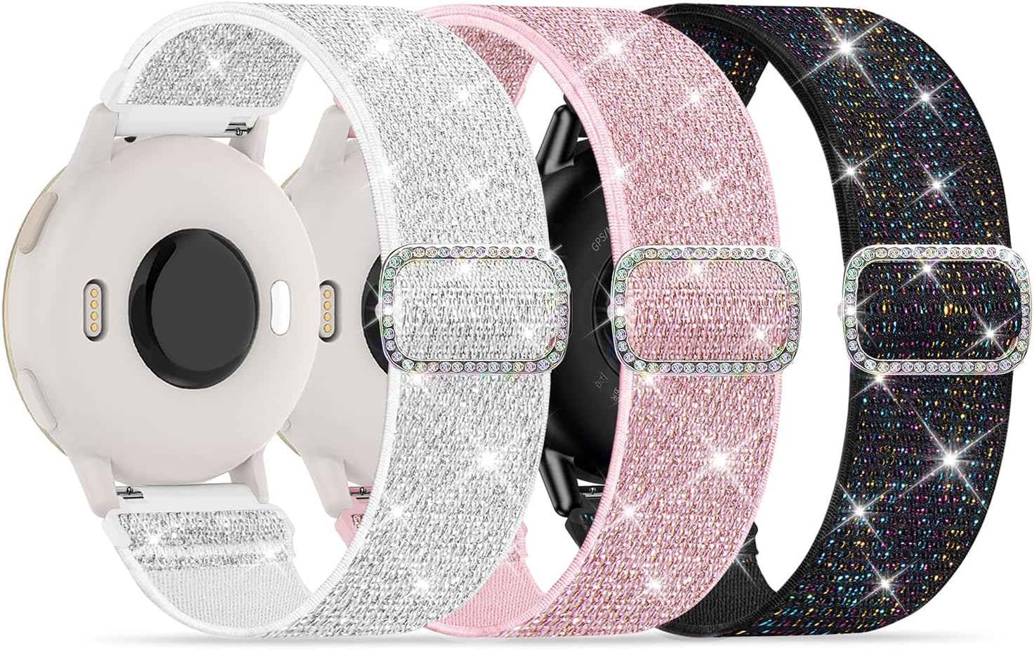 3 Pack Stretchy Bands Compatible with Garmin Vivoactive 5/6/Forerunner 55/165/245 Women, 20mm Soft Elastic Shimmering Fabric Replacement Straps for Venu Sq/Sq 2/2 Plus