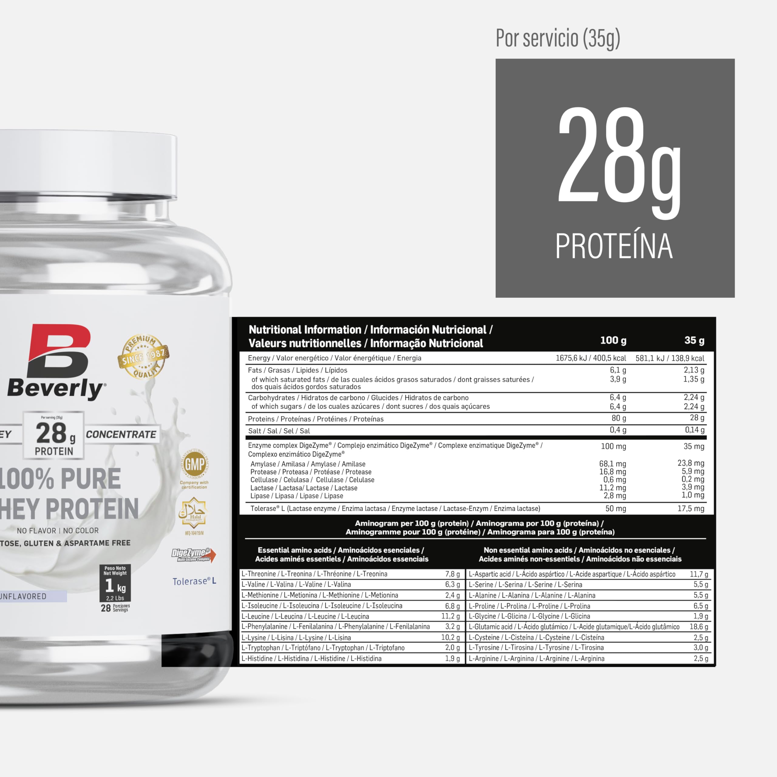 Beverly PURE WHEY | Concentrado Puro de Proteína de Suero Premim | Sin Aromas ni Colorantes | 1 Kg | 28 g de proteína por ración | 28 servicios | Con Digezyme y Tolerase