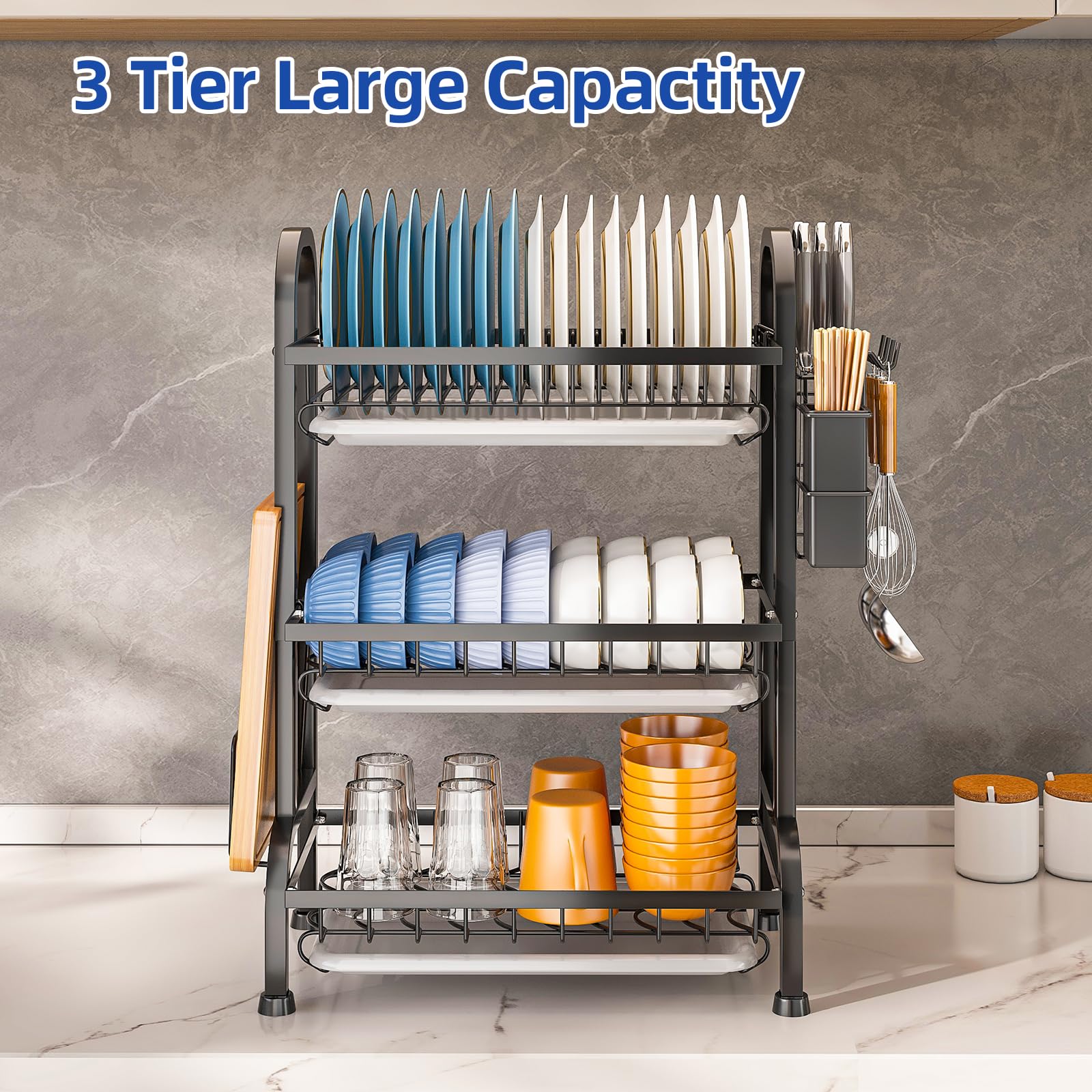 Escurridor de platos de 3 niveles, gran capacidad, escurridor de platos de cocina con bandeja de goteo, 42 cm