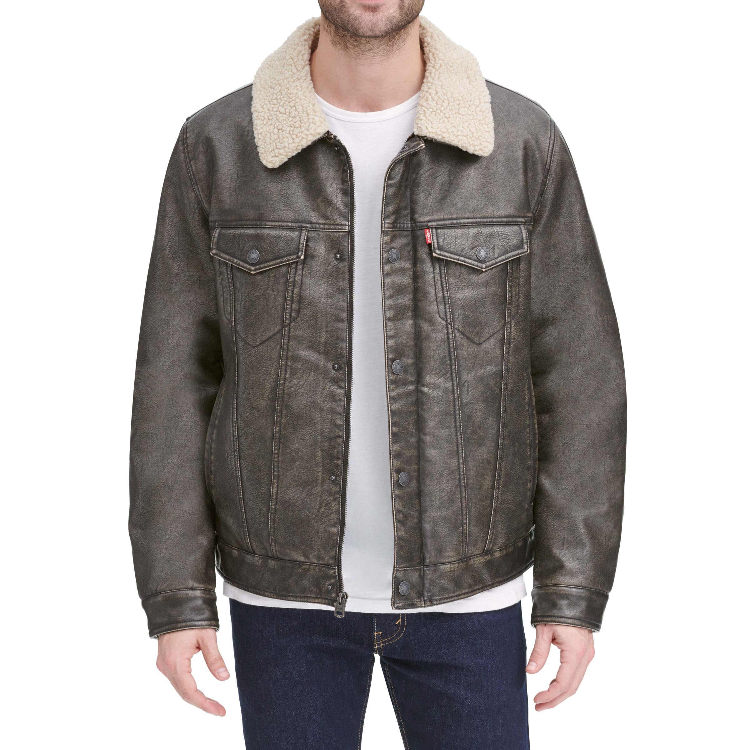 Levi's Men's Buffed Cow Faux Leather Sherpa Trucker Jacket, Dark Brown/Quilted Lining, XL