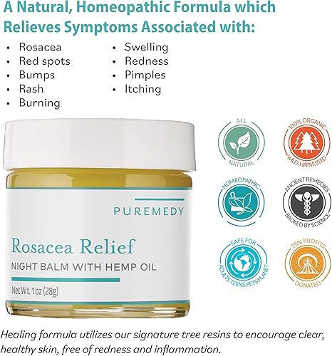 Miniatura 2 de Puremedy Rosácea Relief Night Balm con aceite de cáñamo All Natural HomeopathicSalve Hels Aliviar síntomas tales como erupción rojo picor de piel