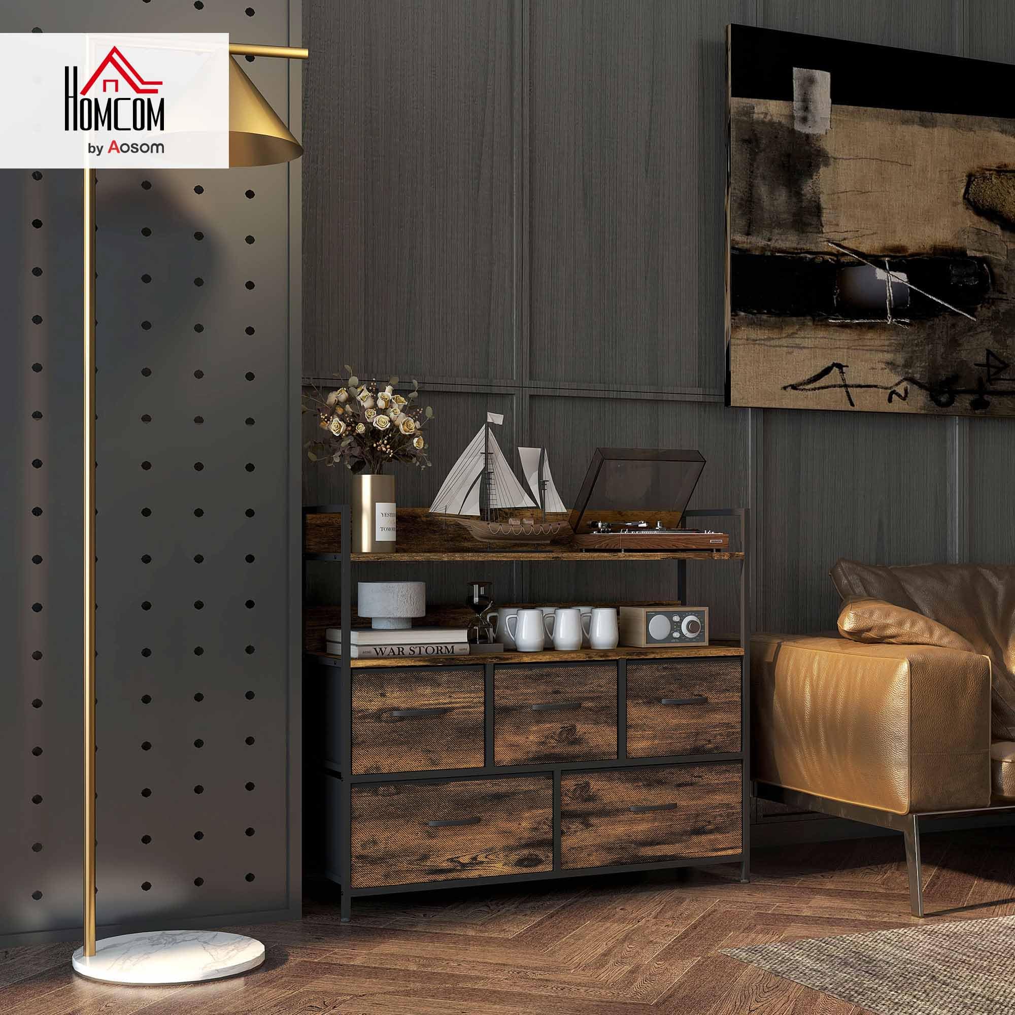 HOMCOM Commode avec 5 Tiroirs en Tissu Pliables, Brun Rustique | Commode Chambre, Meuble de Rangement, Étagères Ouvertes, Plateau, Cadre en Acier, Style Industriel, pour Chambre, Salon