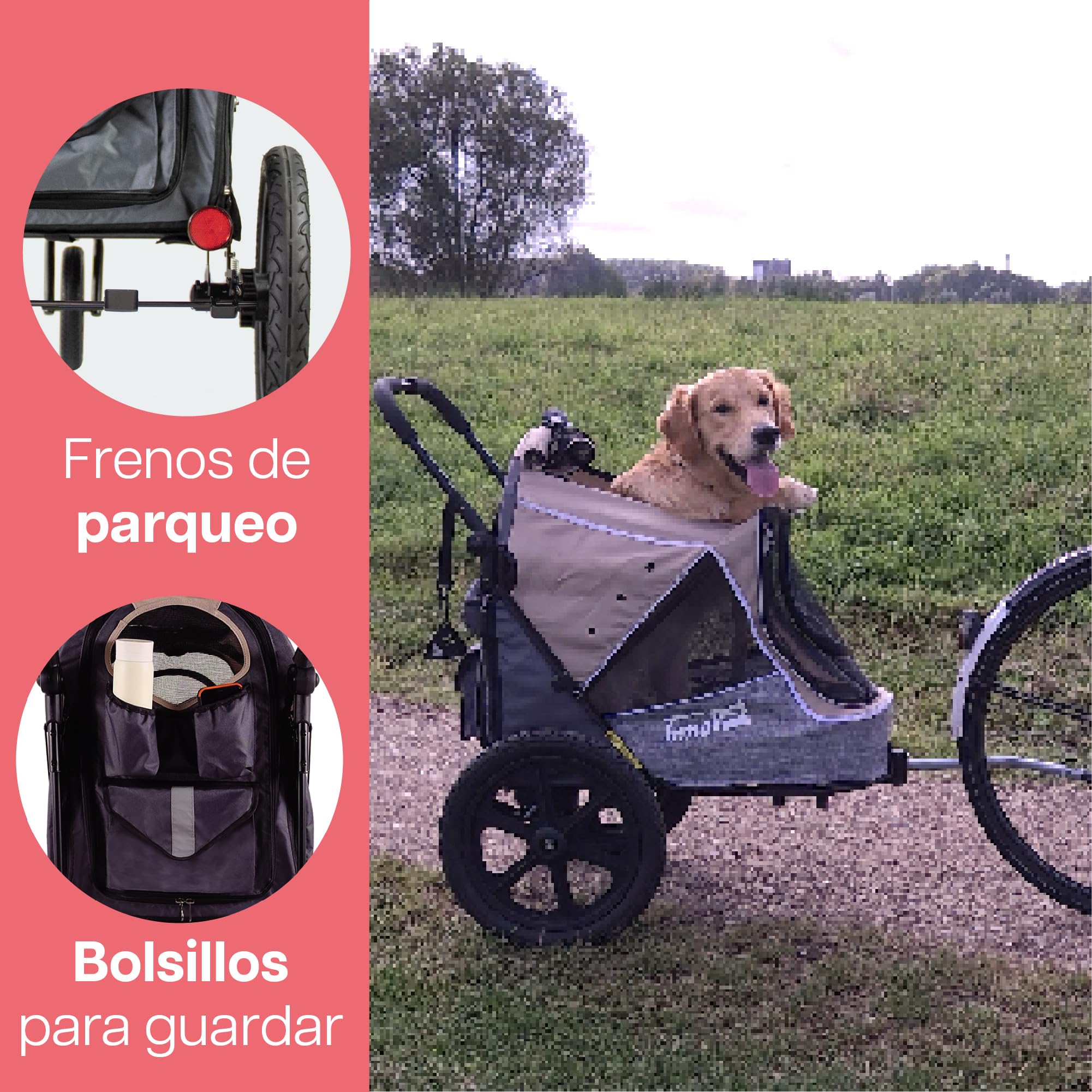 Innopet Sporty Evolution Latte - Cochecito y remolque para perros 2 en 1 beige/gris, hasta 30kg, con cubierta de lluvia, reflectores y correas de seguridad