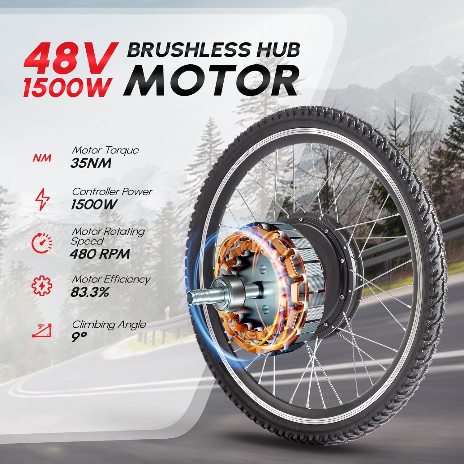 PEXMOR Electric Bike Conversion Kit, 48V 1500W 26" Rear Wheel E-Bike Hub Motor Kit, Upgrade 3 Mode Controller w/PAS/Twist Throttle with Battery Indicator Ebike Bicycle Wheel Kit