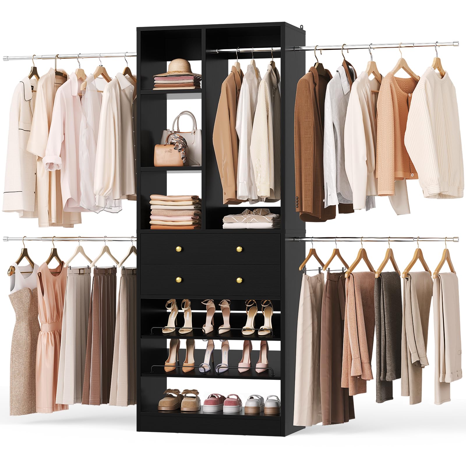 Photo 1 of *MAJOR DAMAGE*
Besiost Closet System, 4.2–8.8 FT Closet Organizer with 2 Wooden Drawers and Shelves, Walk-in Closet System with 5 Hang Rods, Built-in Reach in Closet Tower, Can Fit 60 to 96 inch, Black