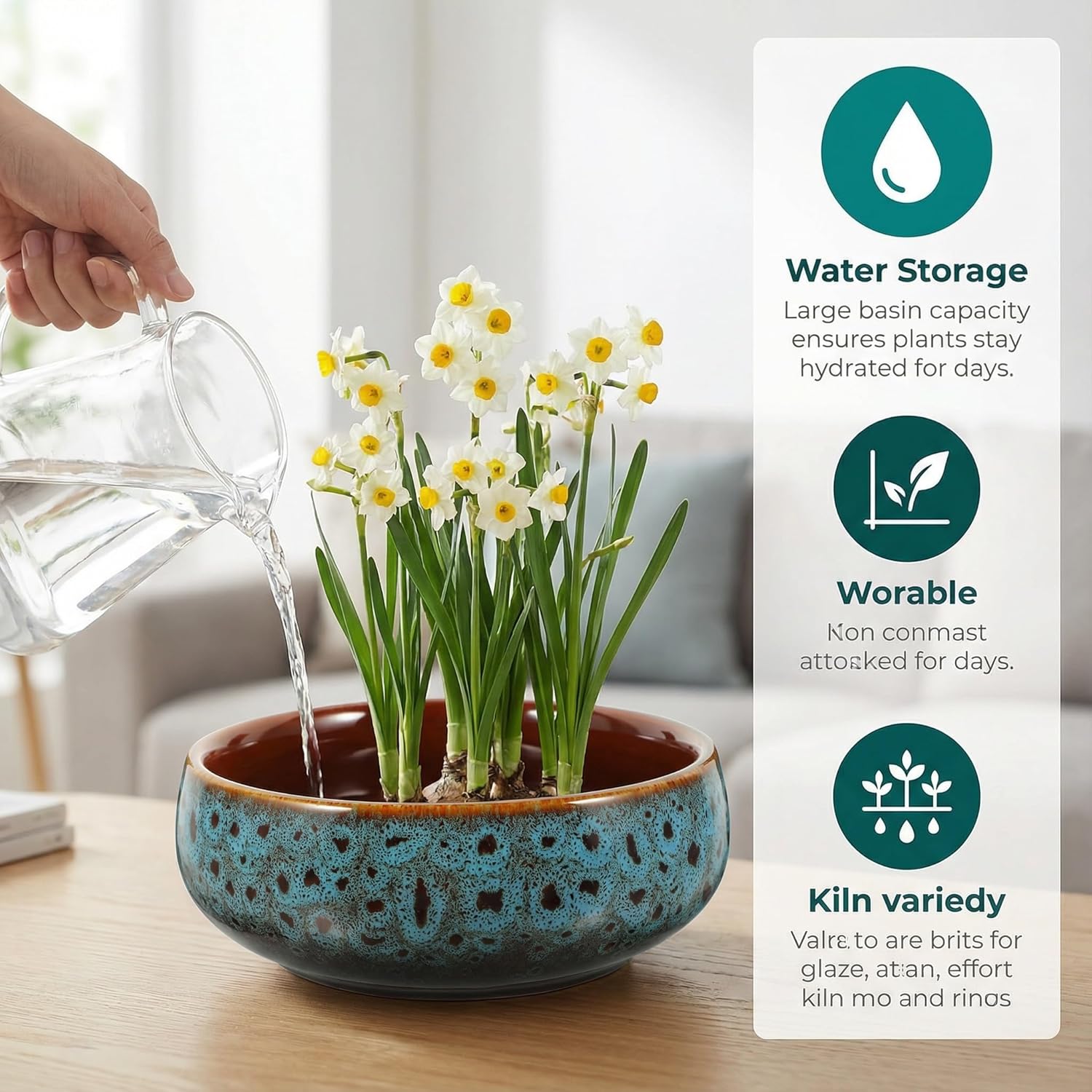 Milisten Hydroponic Plant Pot Ceramic Water Lily Bowl Narcissus Planter Large Deep Indoor Outdoor Flowerpot with Water Storage for Balcony Garden