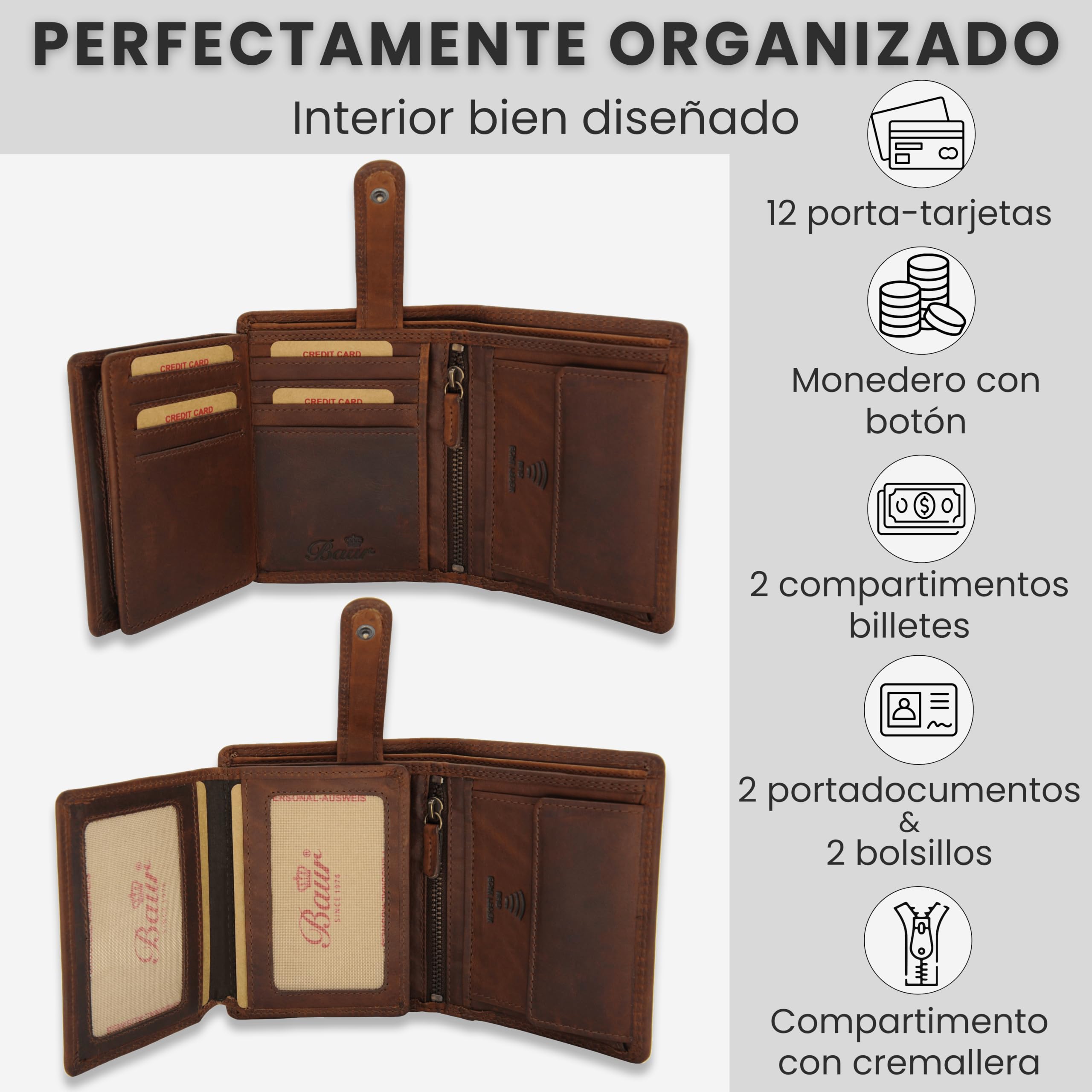 Baur - Cartera de piel auténtica para hombre, con protección RFID, marrón oscuro, 10cmx12,6cmx2cm, Clásico