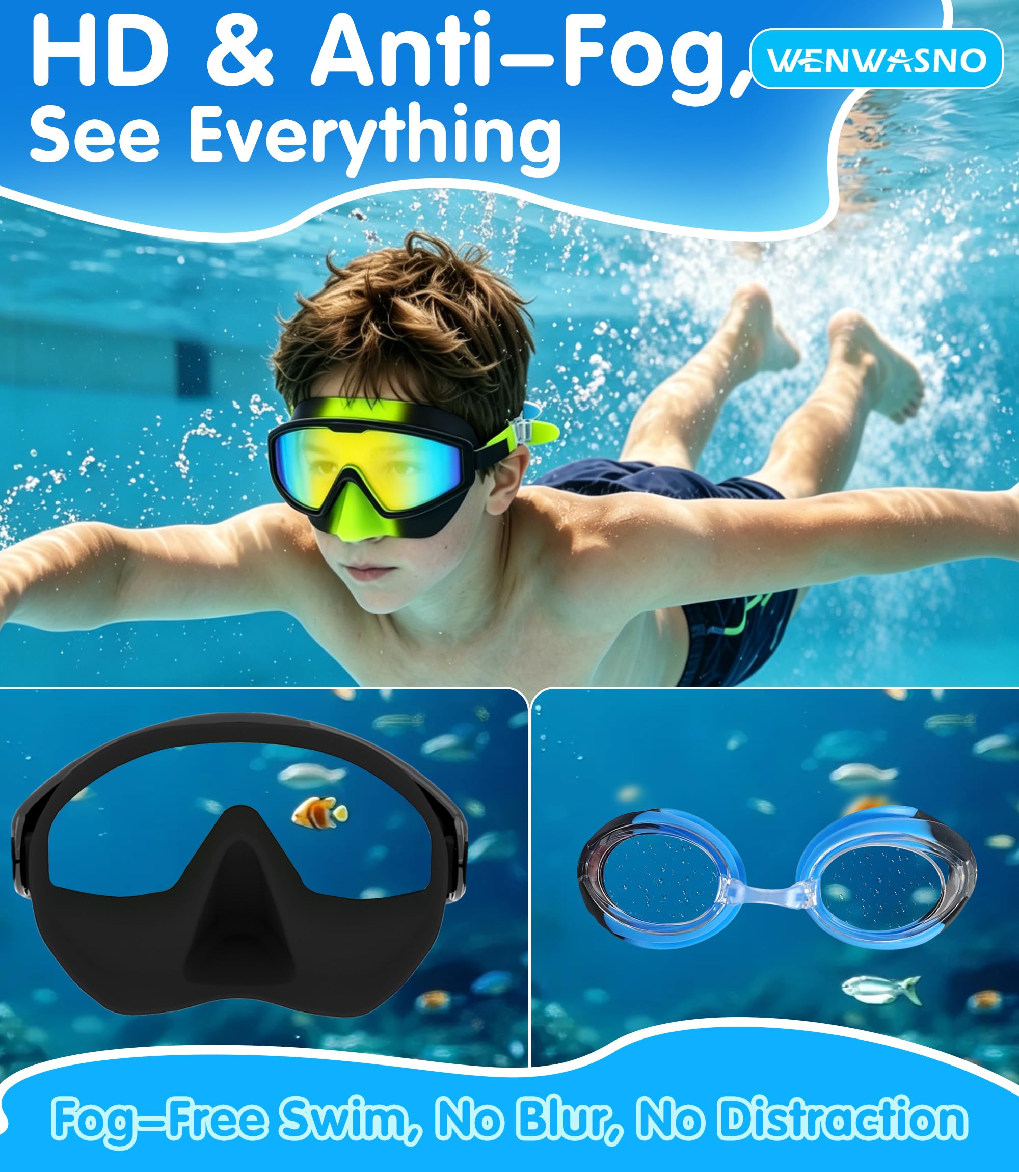 Occhialini da Nuoto per Bambini 2 Pezzi con Protezione Naso, Vista Larga Maschera Immersione Anti-Nebbia Anti-Nebbia UV Senza Perdita Piscina