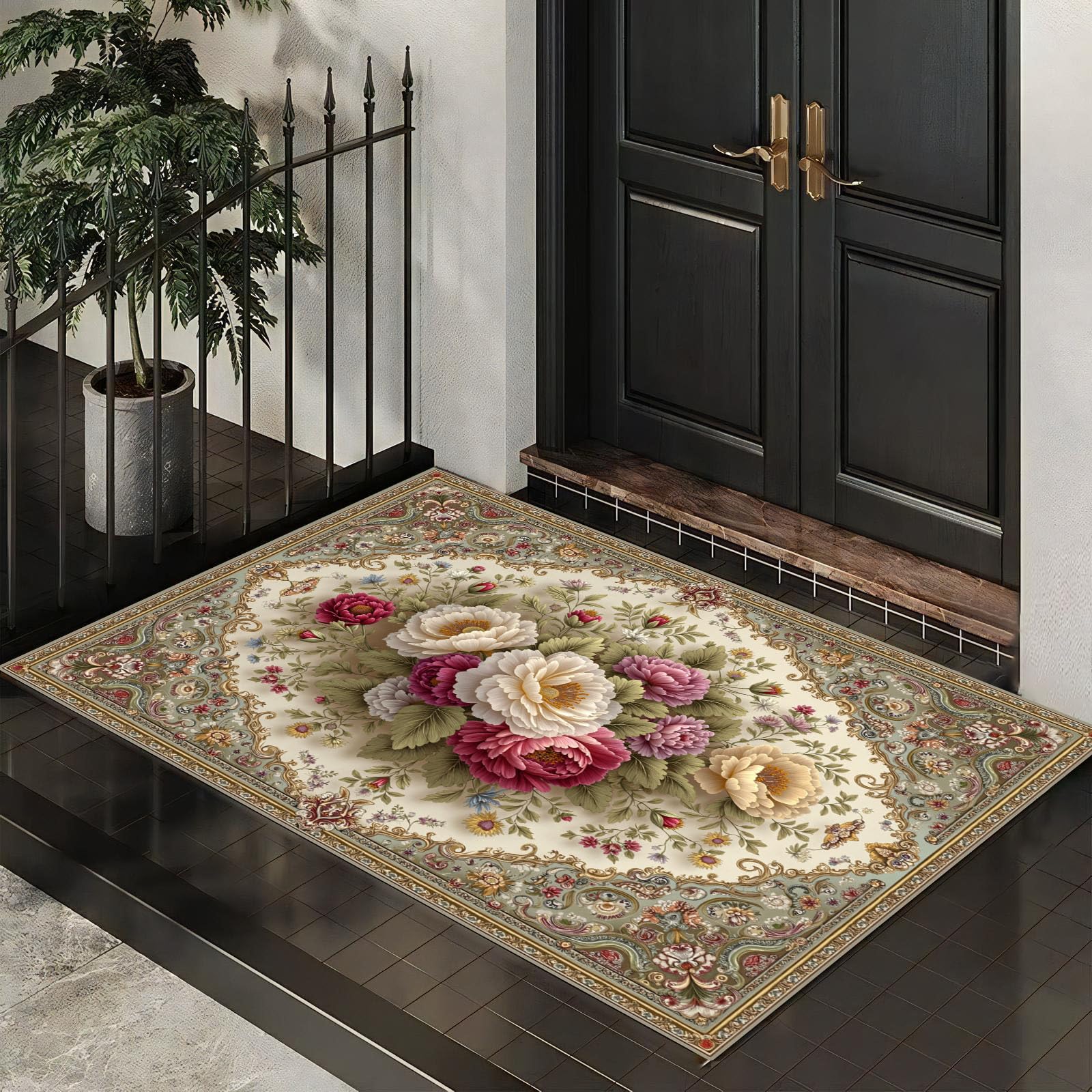 Paillasson anti-saleté lavable à motif pivoines rétro rose