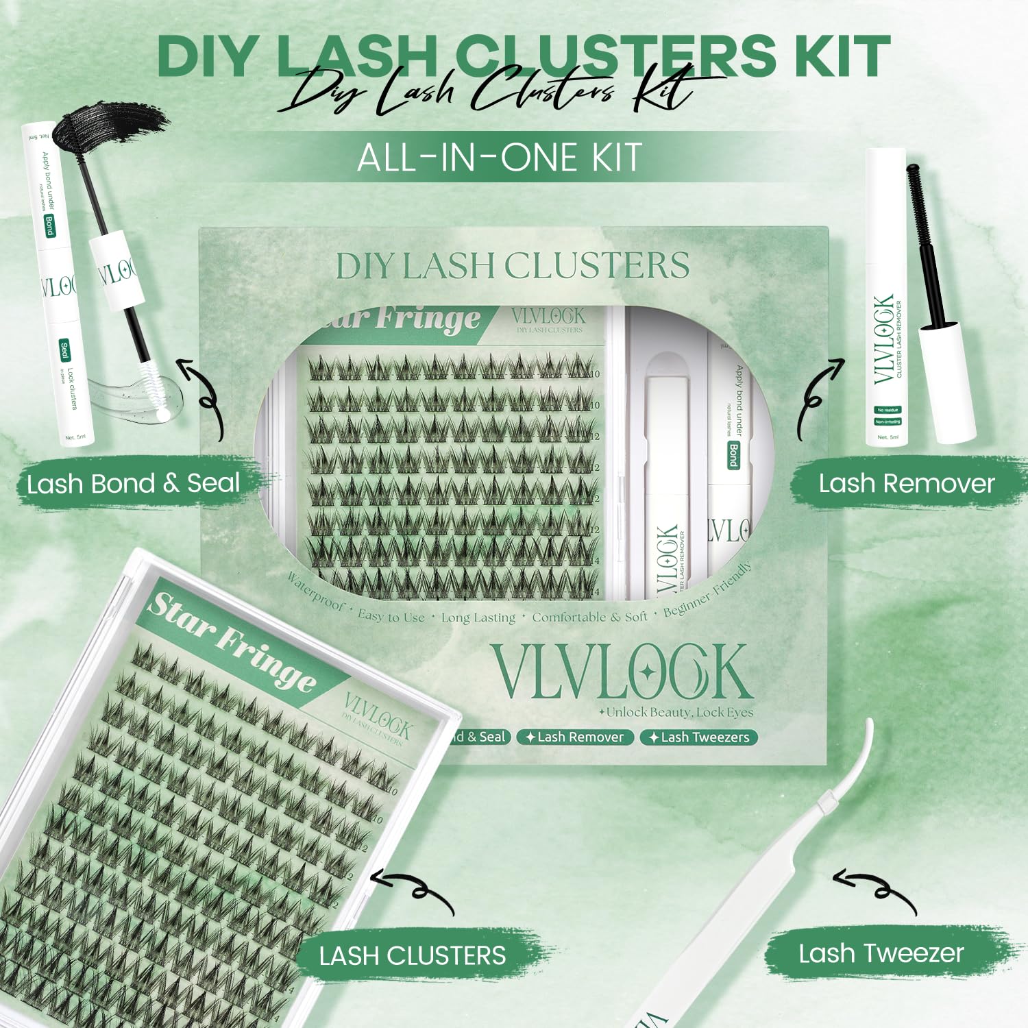 Star Fringe Manga Lash Clusters Kit, 10-16MM CC Curly Wispy Spiky Individual Lashes Eyelashes Cluster Kit with Tweezer, Bond & Seal and Remover, DIY Cluster Eyelash Extensions(Star Fringe Kit)