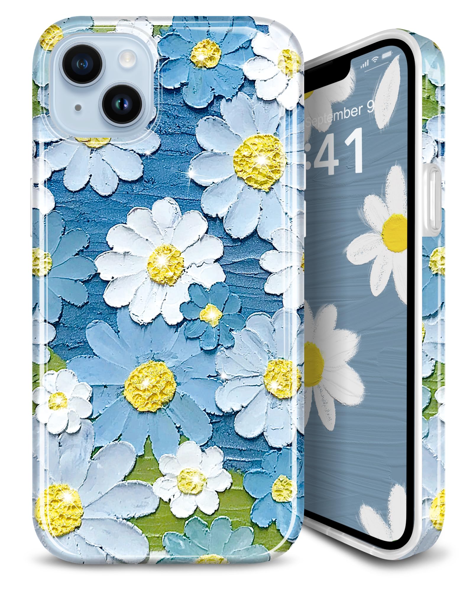 JIAXIUFEN Case for iPhone 14 and iPhone 13, Flower Oil Printed Retro Glitter Sparkle Slim Shockproof Soft Silicone TPU Case Cover for iPhone 14 Case, Daisy Blue