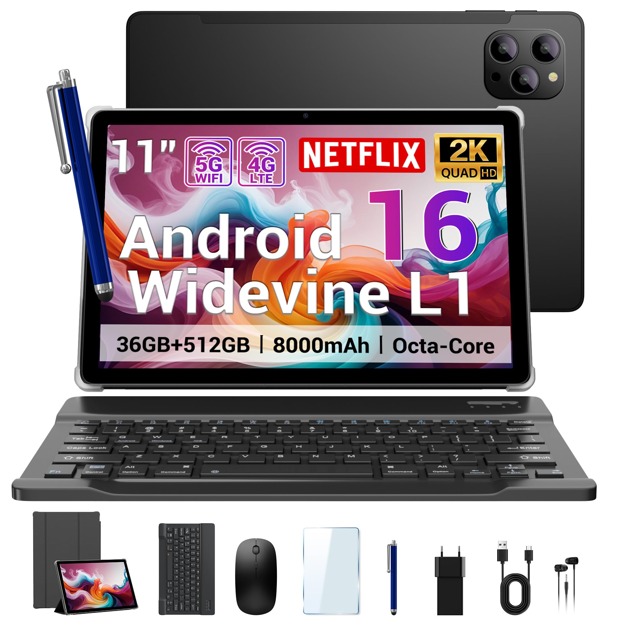 DRIVNEXT Tablet 11 Pollici Android 16 Tablet,Octa-Core 2.0Ghz,Doppio SIM 4G LTE+5G WiFi,36GB RAM+512GB ROM/8000mAh/Face Unlock/OTG/GPS-Tablets in Offerta con Tastiera e Mouse,Nero