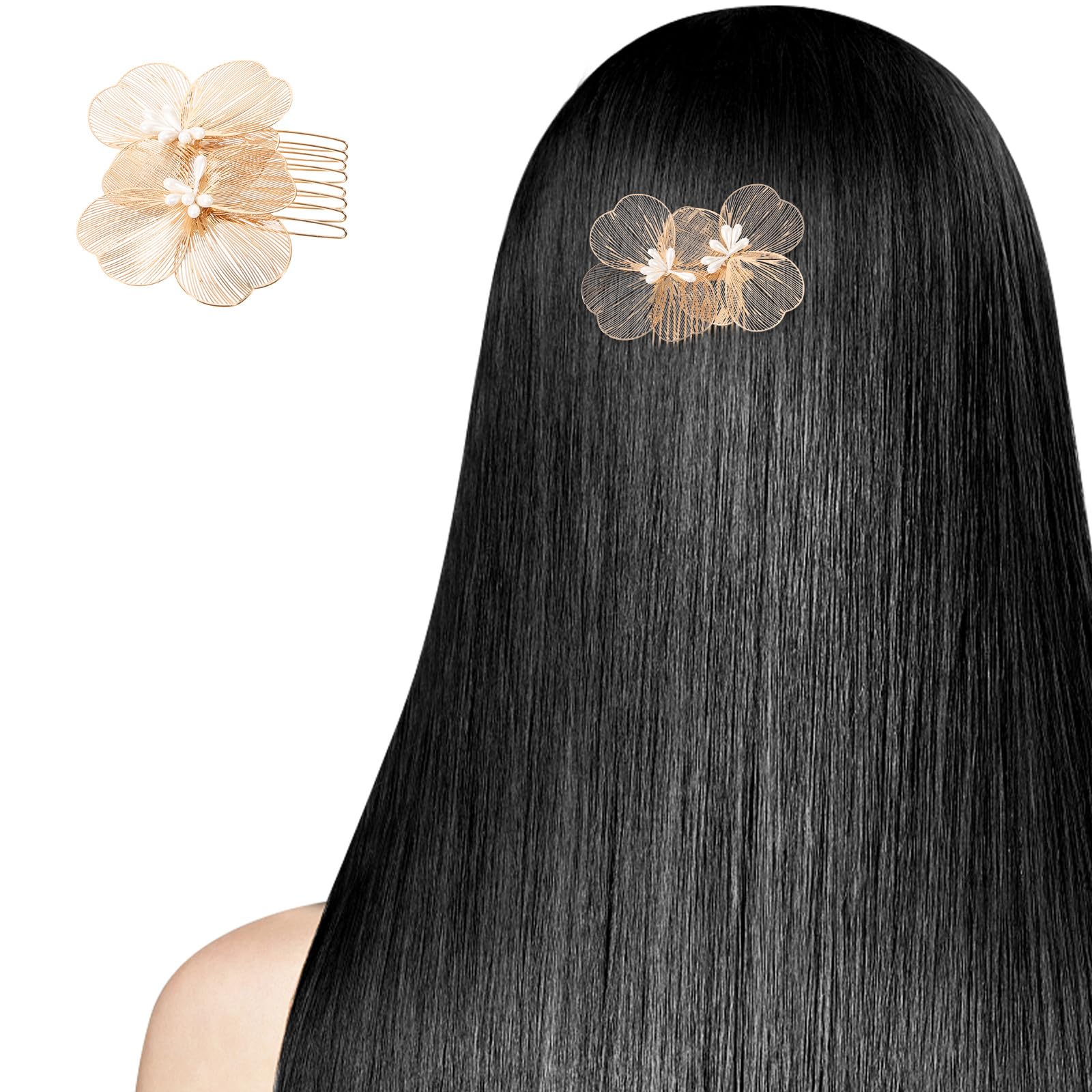 LIFKOME Peineta de Flores Dorada para Novia Diseño Delicado y Estilo Retro, Material de Aleación y Plástico, Ligera y Resistente para Uso Prolongado en Bodas y Cumpleaños