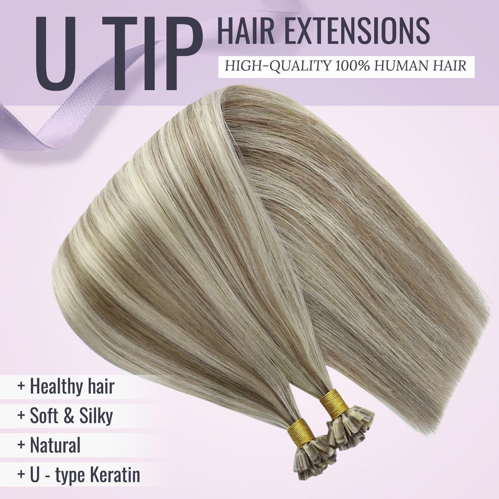Fshine Extension Cheratina 45CM 50g U-tip Capelli Extension Marrone Chiaro Evidenziato e Bionda Platino Human Hair Extension 1g/ciocca Extension Keratina Capelli Veri U-Tip Extension