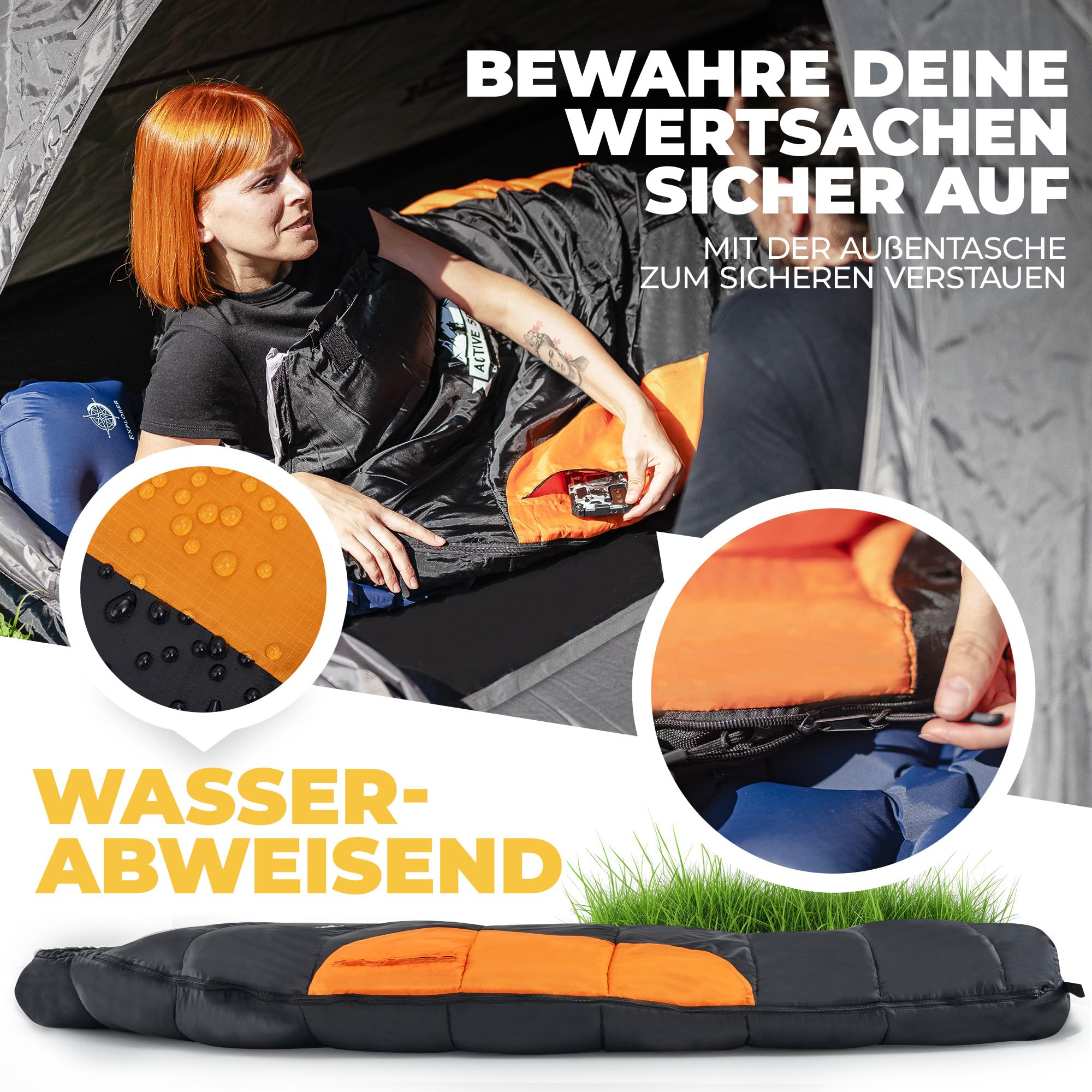 Schlafsack Winter - 3 Jahreszeiten & Sommer, Wasserabweisend & Atmungsaktiv, Nie mehr kalte Füße Dank Taschenwärmer-Tasche, Schlafsack - Hüttenschlafsack, Camping, Sleeping Bag