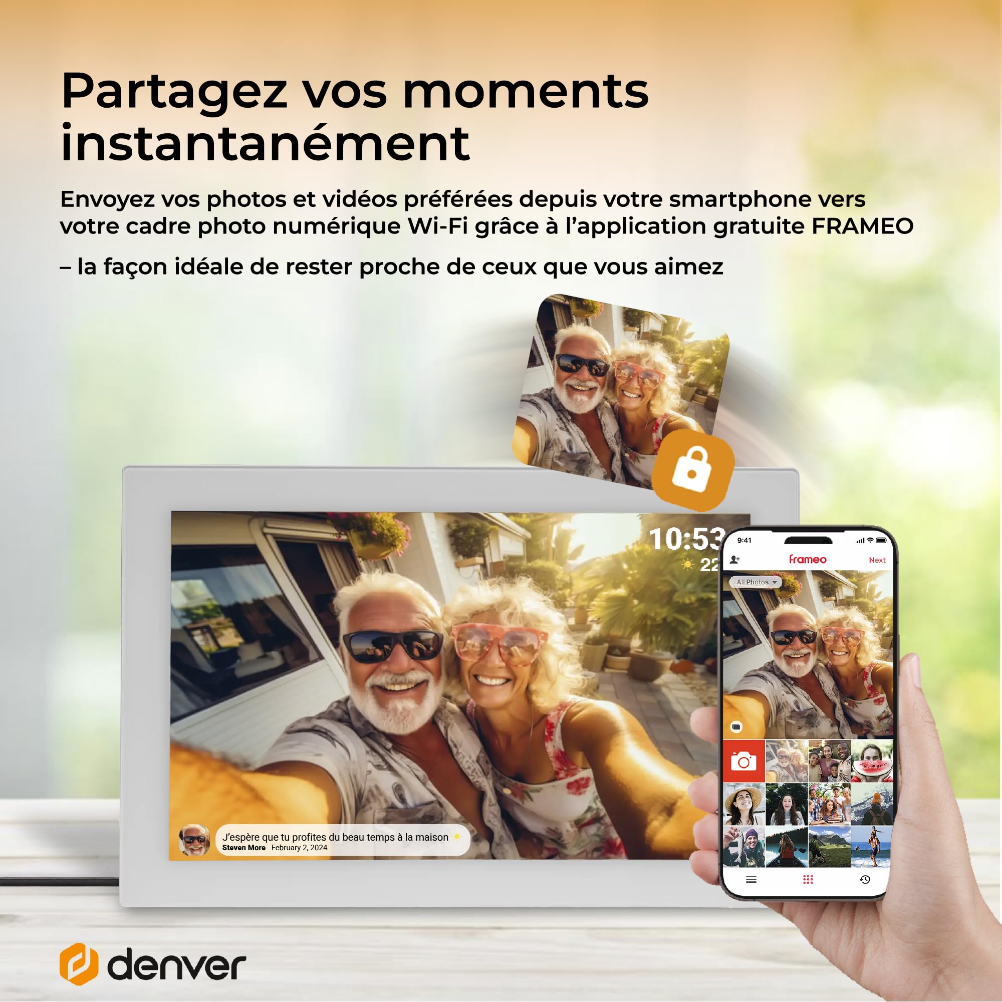 Denver PFF-1037W Cadre Photo numérique Wi-FI FRAMEO 10,1 Pouces, écran Tactile IPS 1280 x 800, mémoire 16 Go, Application iOS/Android, Blanc
