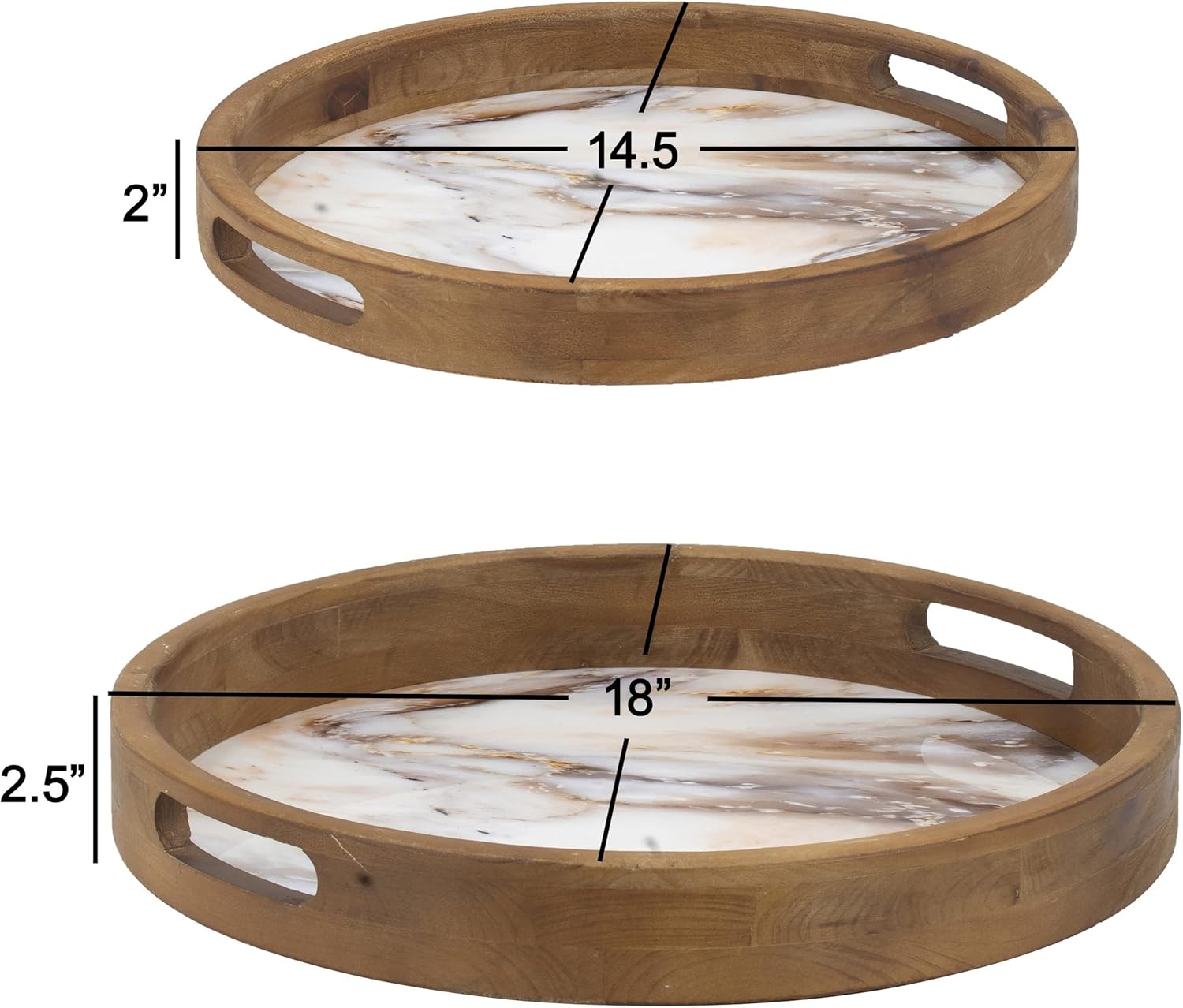Diagram showing the dimensions of both decorative trays