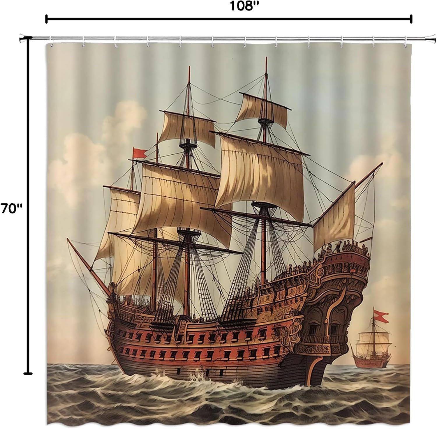 Pirate Ship Shower Curtain Vintage Nautical Sailboat Sailing Sea Adventure Seascape Coastal Fabric Bathroom Decor Set with Hooks,(70" Wx78 H)