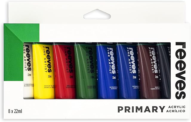 Reeves Acrylic Paint Set - Opaque Water Based Colours For Acrylic Paint - 8 Piece Acrylic Paint Set Including 22ml Highly Pigmented Vibrant Colours