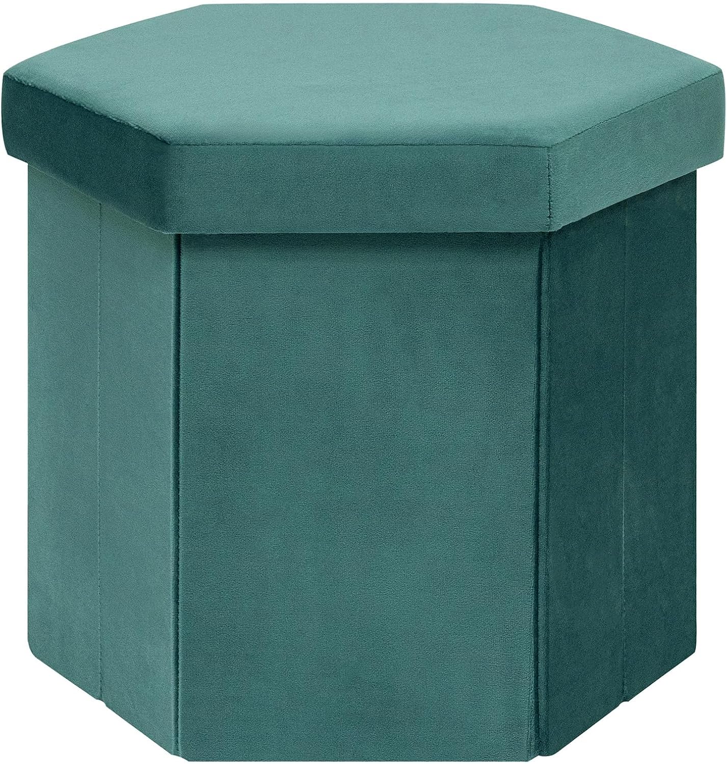 PINPLUS Velvet Hexagon Storage Ottoman, Foldable Footstool with Lid, Upholstered Accent Stool, Soft Seat Foot Rest, 220LBS Capacity for Living Room Bedroom Entryway 16.9 Inches Blue