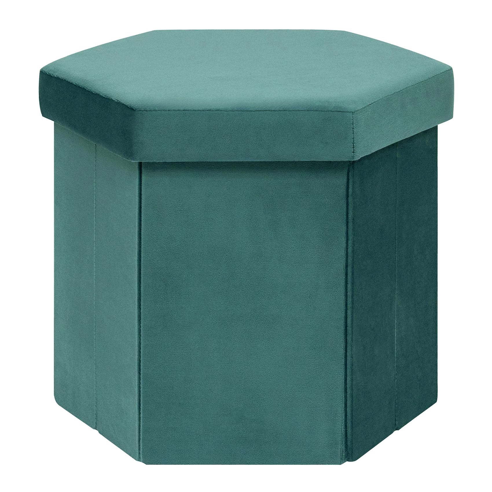PINPLUS Hexagonal Storage Ottoman with Lid, Velvet Upholstered Foldable Footstool Cube, Space-Saving Ottoman Seat Stool for Living Room Bedroom, 43x38x38cm, Teal