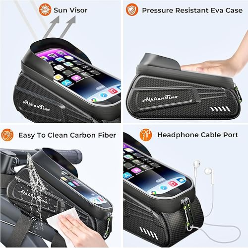Miniatura 4 de Bolsa para Soporte de Teléfono para Bicicleta Alphantino - Estuche Rígido Impermeable de Gran Capacidad para Tubo Superior, Marco Frontal de