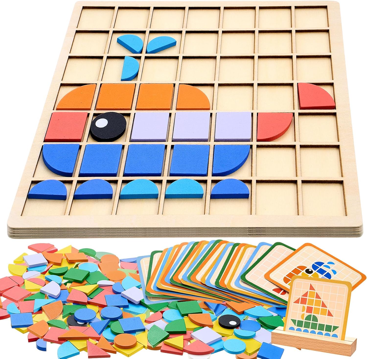 Soulchen 130 Pcs Wooden Matching, Puzzle Block Dementia Activities for Seniors, Colorful Geometric Shape Puzzle Tiles for Alzheimer Elderly, Cognitive Brain Training, Occupational Gift