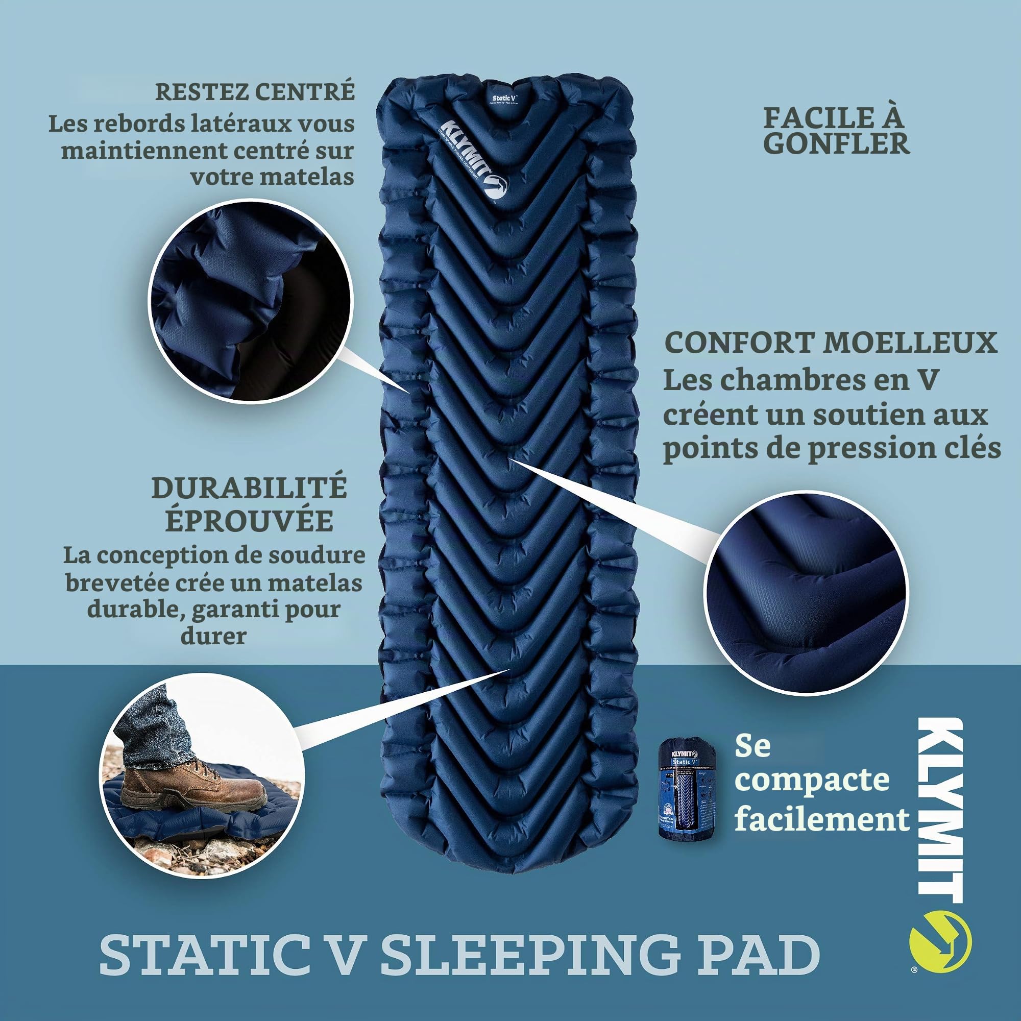 Klymit Matelas de Couchage Static V, léger, Confort de Sommeil en Plein air, Meilleur équipement de Camping pour la randonnée et la randonnée, Matelas Gonflable de Camping