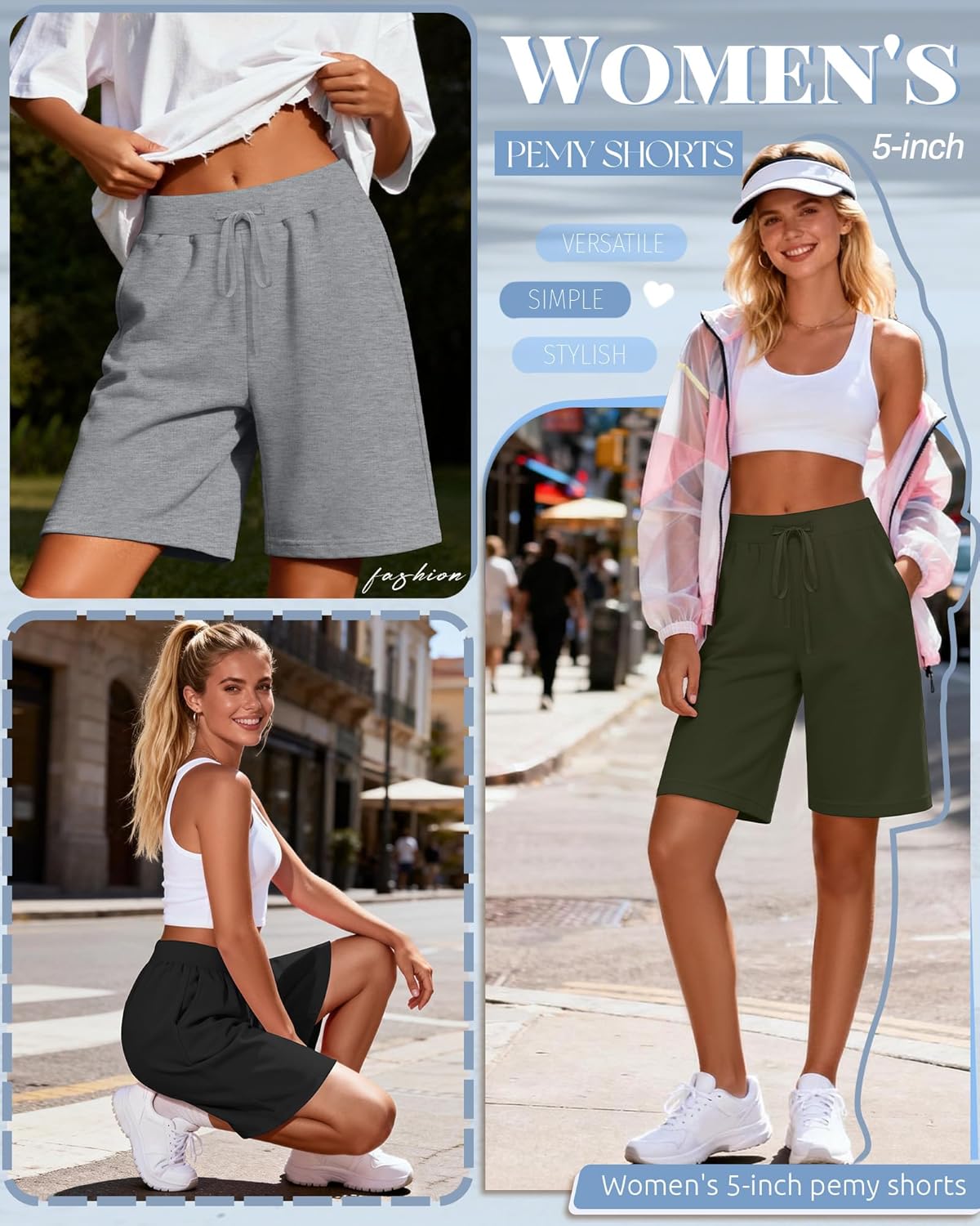 Neer 3 Pack Women's Bermuda Shorts Drawstring Elastic High Waisted Athletic Long Sweat Shorts Knee Length with Pockets - Image 2