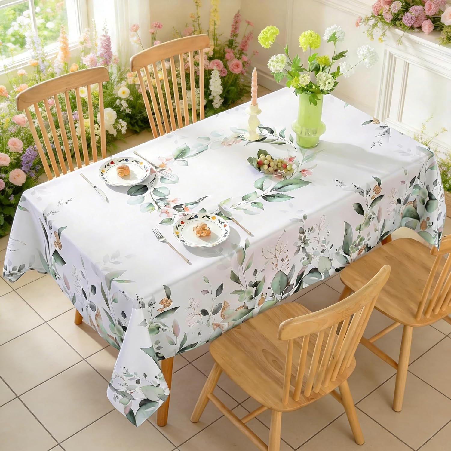 SASTYBALE Spring Tablecloth Summer Rectangle Table Cloth Eucalyptus Leaves Table Cover Spillproof Washable TableCloths for Dining, Farmhouse, Picnic, Outdoor, Kitchen, Easter Decor (60" x 102")