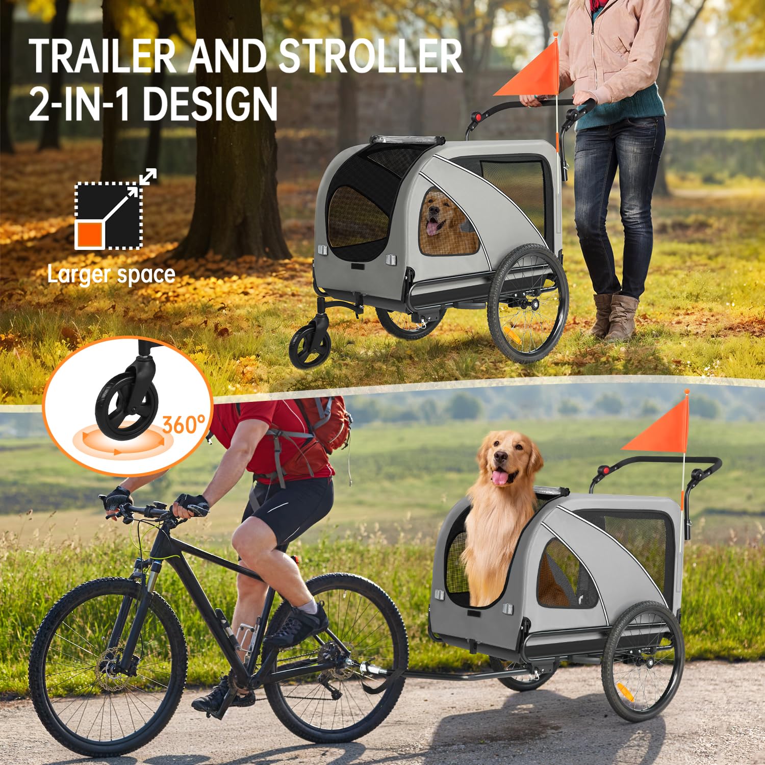 SEPNINE 2-en-1 XXL Remorque de Vélo pour Chien avec Ouverture de Toit, Réflecteurs et Bandes Réfléchissantes, avec attelage de vélo Universel, Cordes de Sécurité, Pliable, jusqu'à 50kg