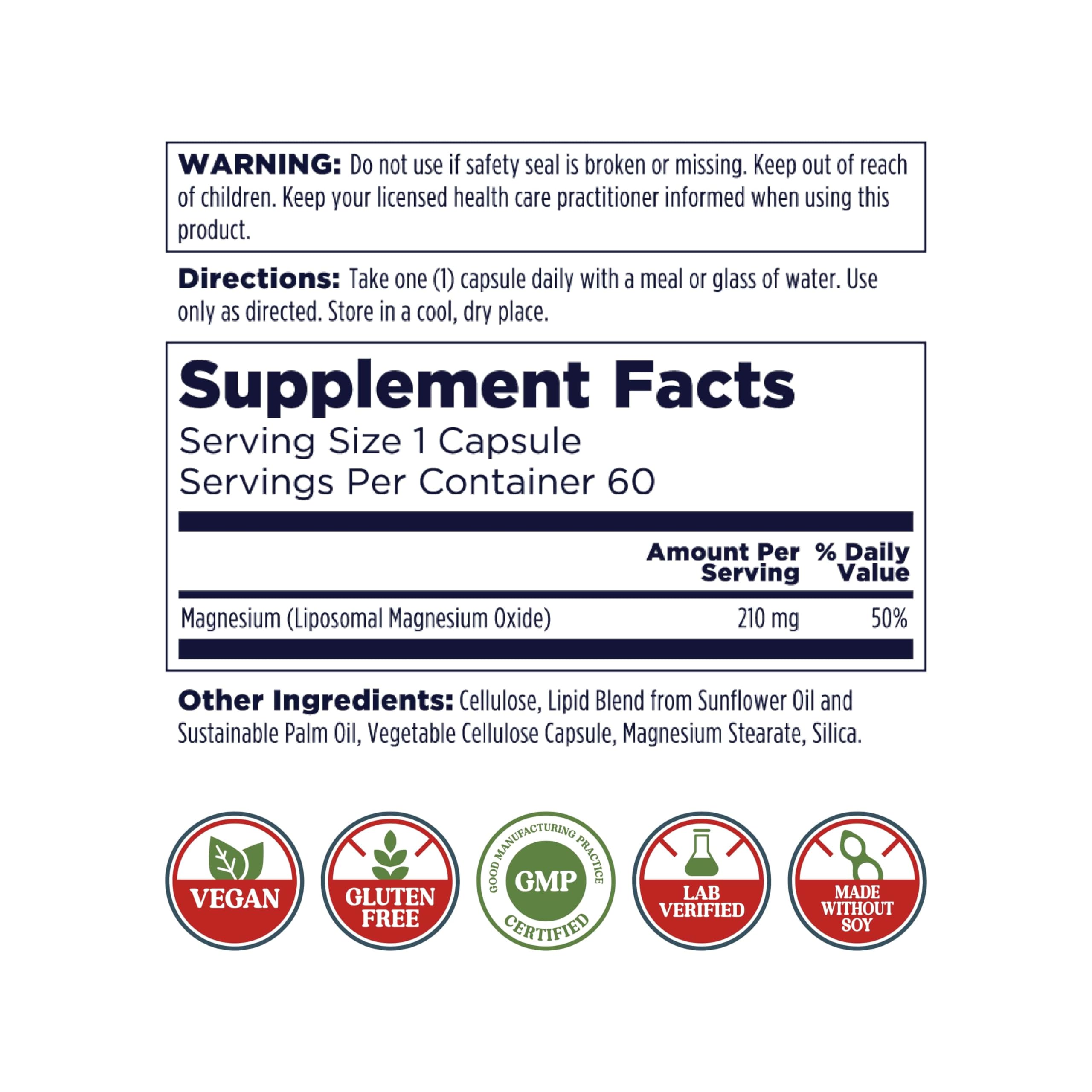 KAL Liposomal Magnesium Oxide 210 mg High Absorption, Liposomal Technology, Essentials Muscle Support, Advanced Formula, Vegan Capsules, Gluten Free, No Soy, 60 Servings — Amazon image 2