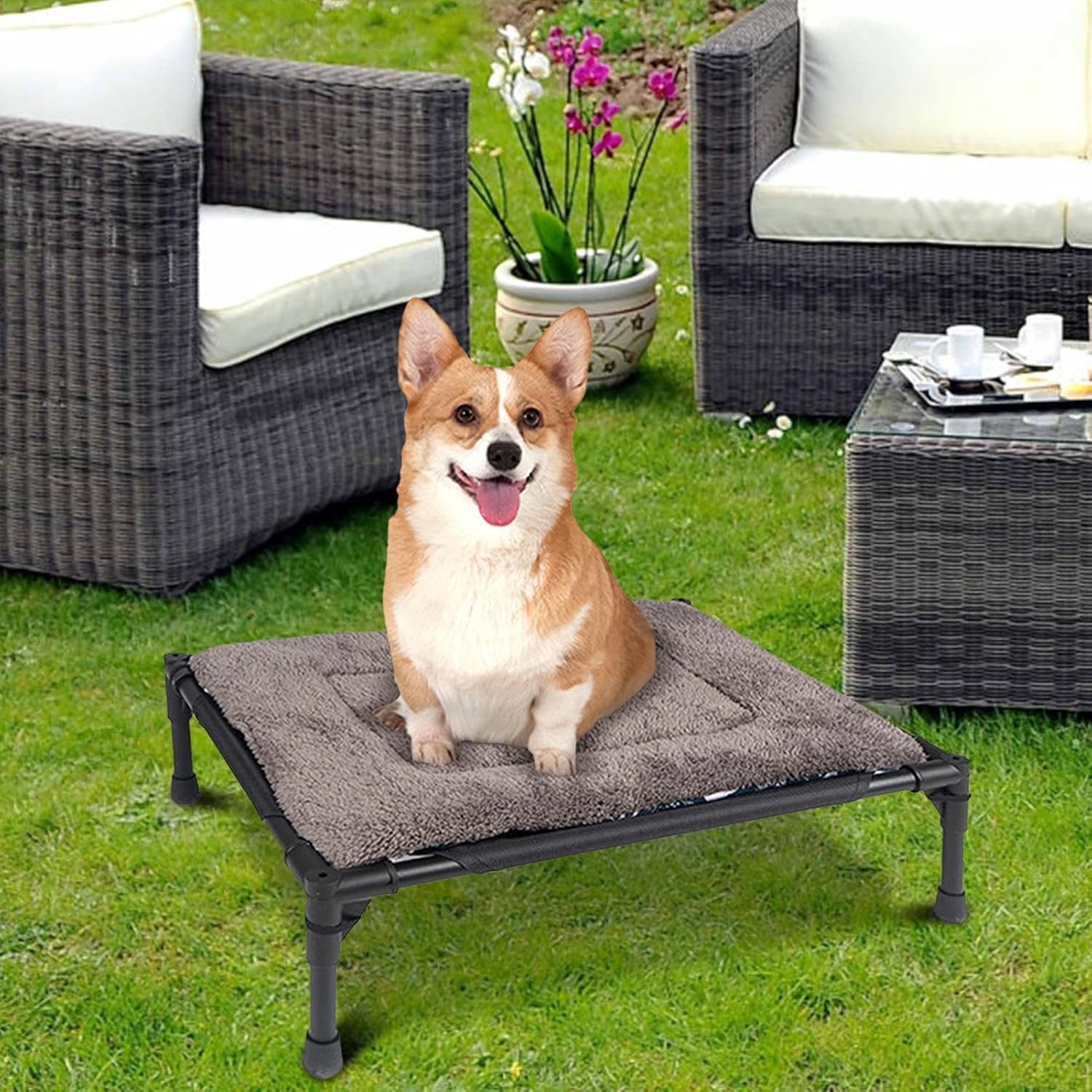 review Elevated Dog Bed, Oxford Cloth Dog Beds, Flannel Cushion Anti Slip Dog Elevated Bed, Raised Dog Hammock Bed Off Ground, Outside Dog Cot Bed for Large, Medium and Small Dogs