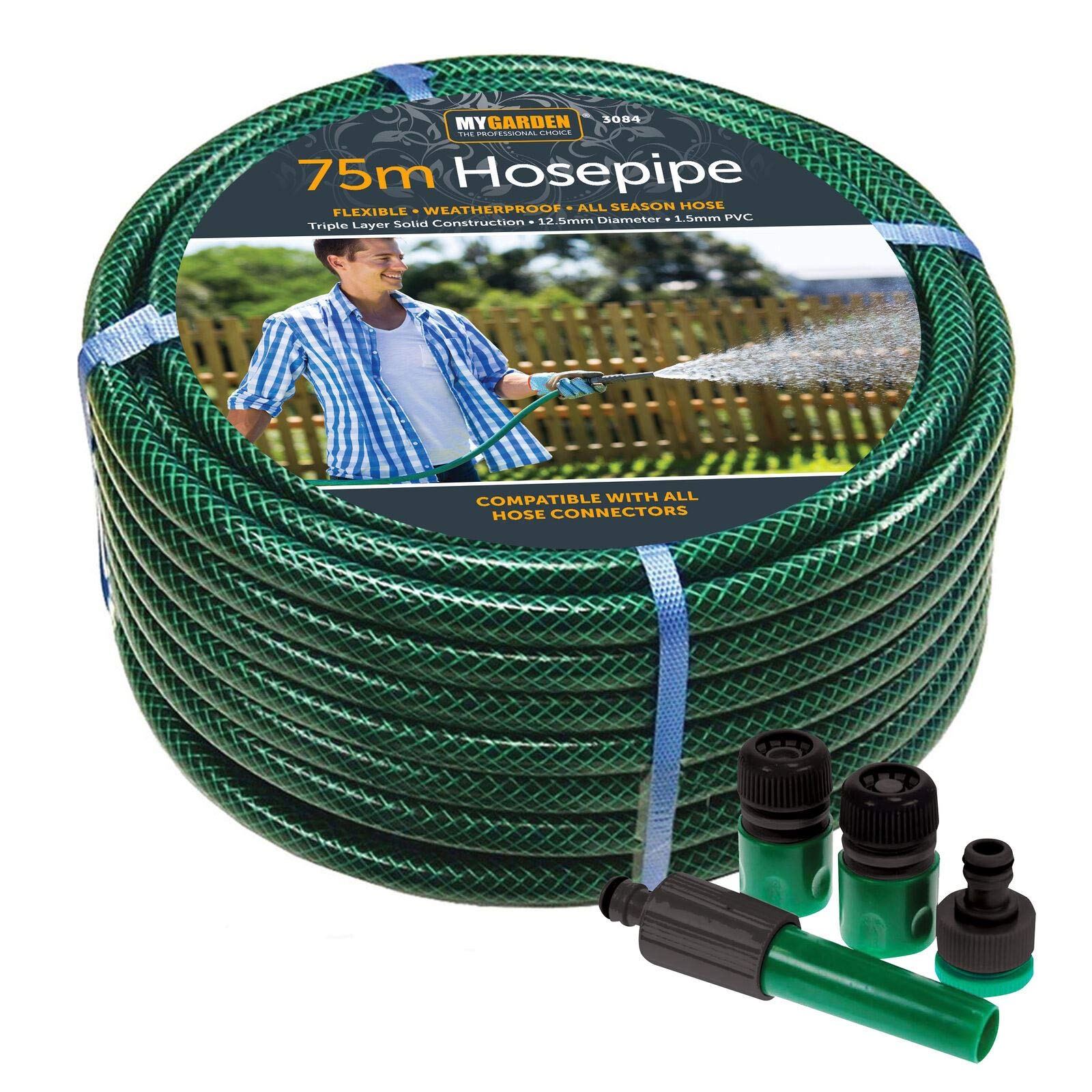 75m Garden Hosepipe With Waterstop Tap/Hose Connectors & Nozzle