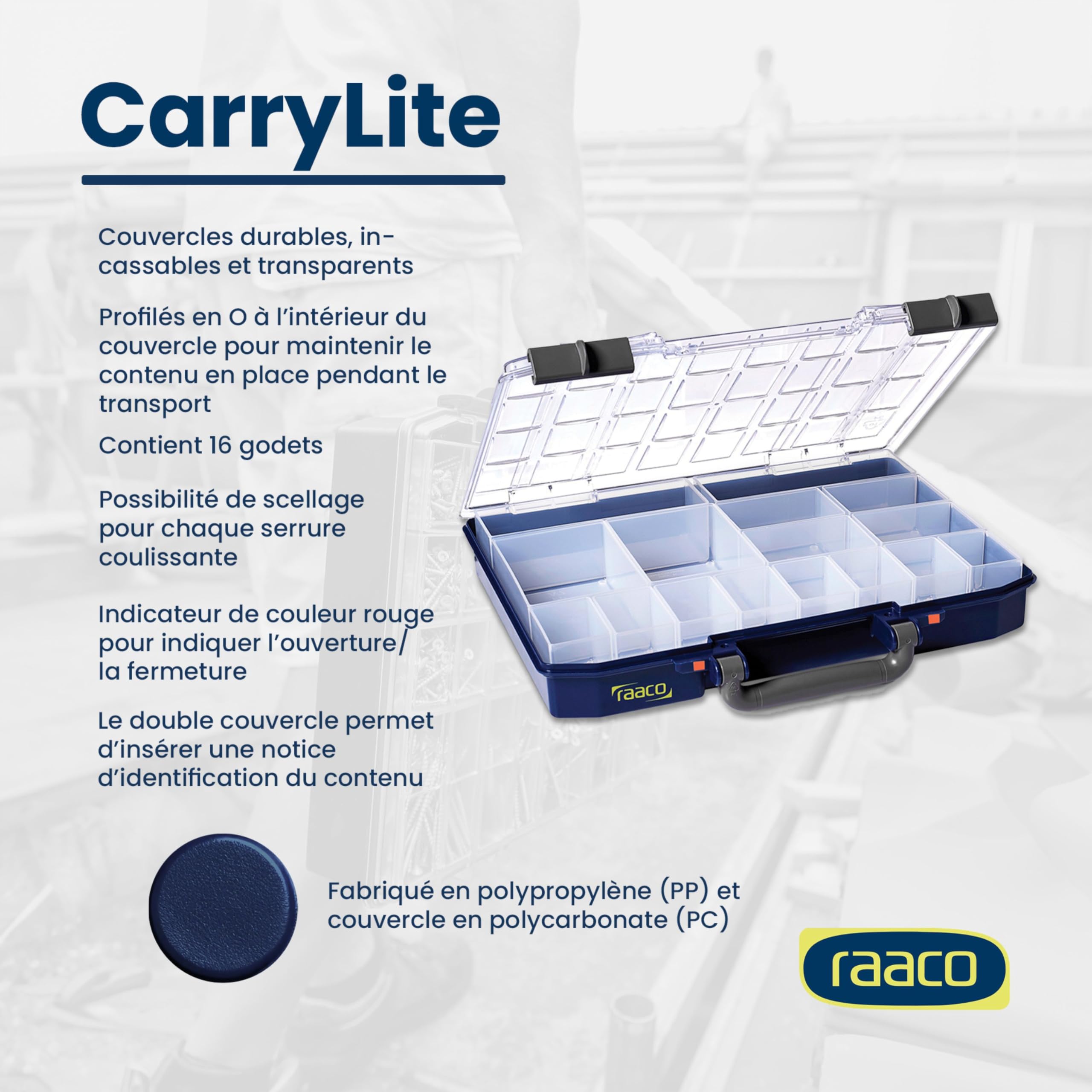 Raaco CarryLite 55 4x8-16 boîte de rangement, 16 compartiments, module | Boîte de Rangement Légère pour Atelier, avec 16 Compartiments pour Petites Pièces, Capacité de 8 kg, Stockage Sécurisé, clair