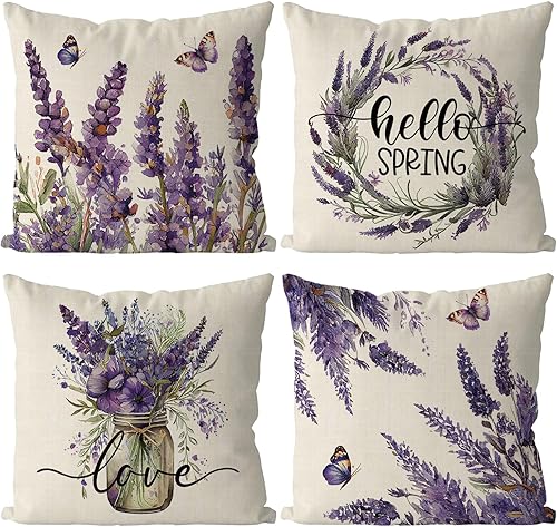 GAGEC Juego de 4 fundas de almohada de primavera de 18 x 18 pulgadas, color lavanda, floral, color morado, para el hogar, sofá, dormitorio, sala de