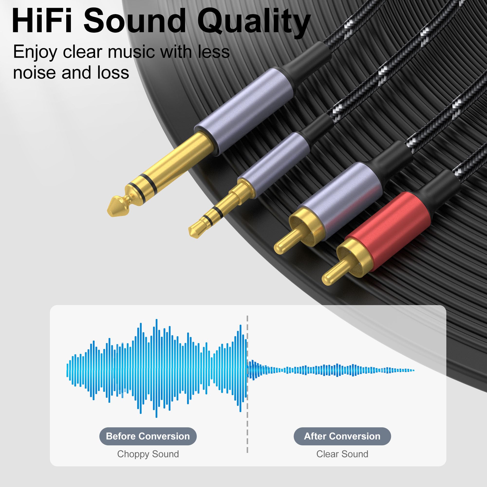 Kabel 3,5 mm na RCA, 1/4-calowy kabel TRS-na Dual-RCA, kabel audio 2 w 1, pozłacany kabel audio HiFi, kabel AUX 1/8 cala 6,35 mm adapter stereo Y do telefonu, głośnika, MP3, tabletu