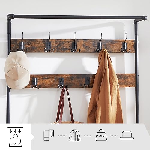 Miniatura 10 de VASAGLE Perchero, árbol de pasillo con banco de almacenamiento de zapatos para entrada, con 9 ganchos, un zapatero, una barra para colgar, 16.3 x