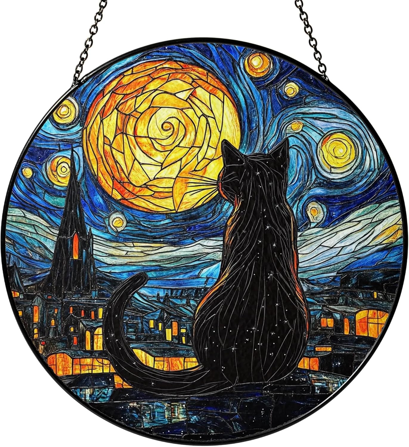Black Cat Stained Glass Suncatcher Window Hanging Decor for Garden, Suncatcher Panel Ornament Decorations, Memorial Gifts for Cat Lovers, Women Pet Loss Sympathy Gift for Window Living Room Garden - Image 7