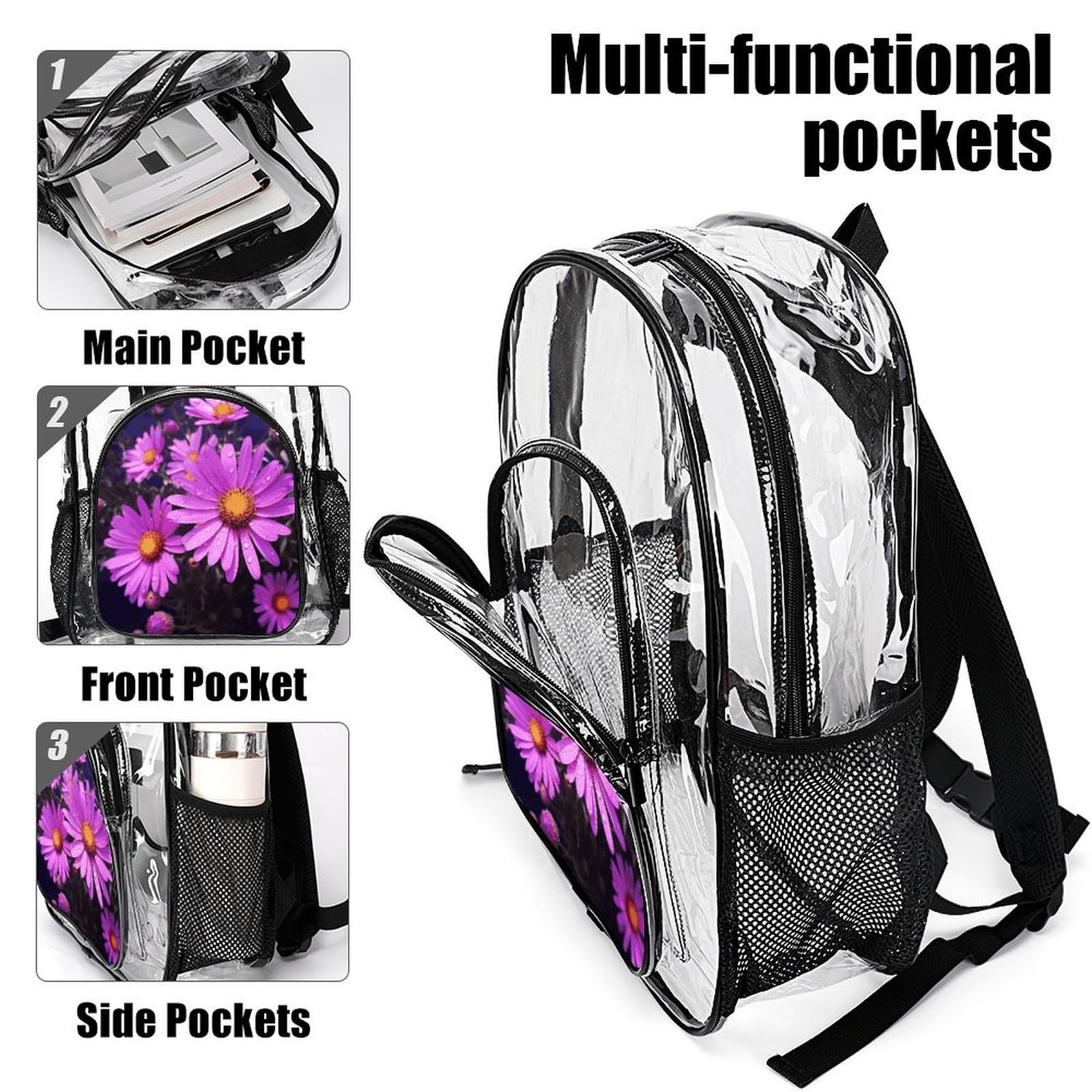 Summer Purple Flower - Zaino trasparente in PVC trasparente, per la sicurezza, il lavoro, i viaggi, lo stadio