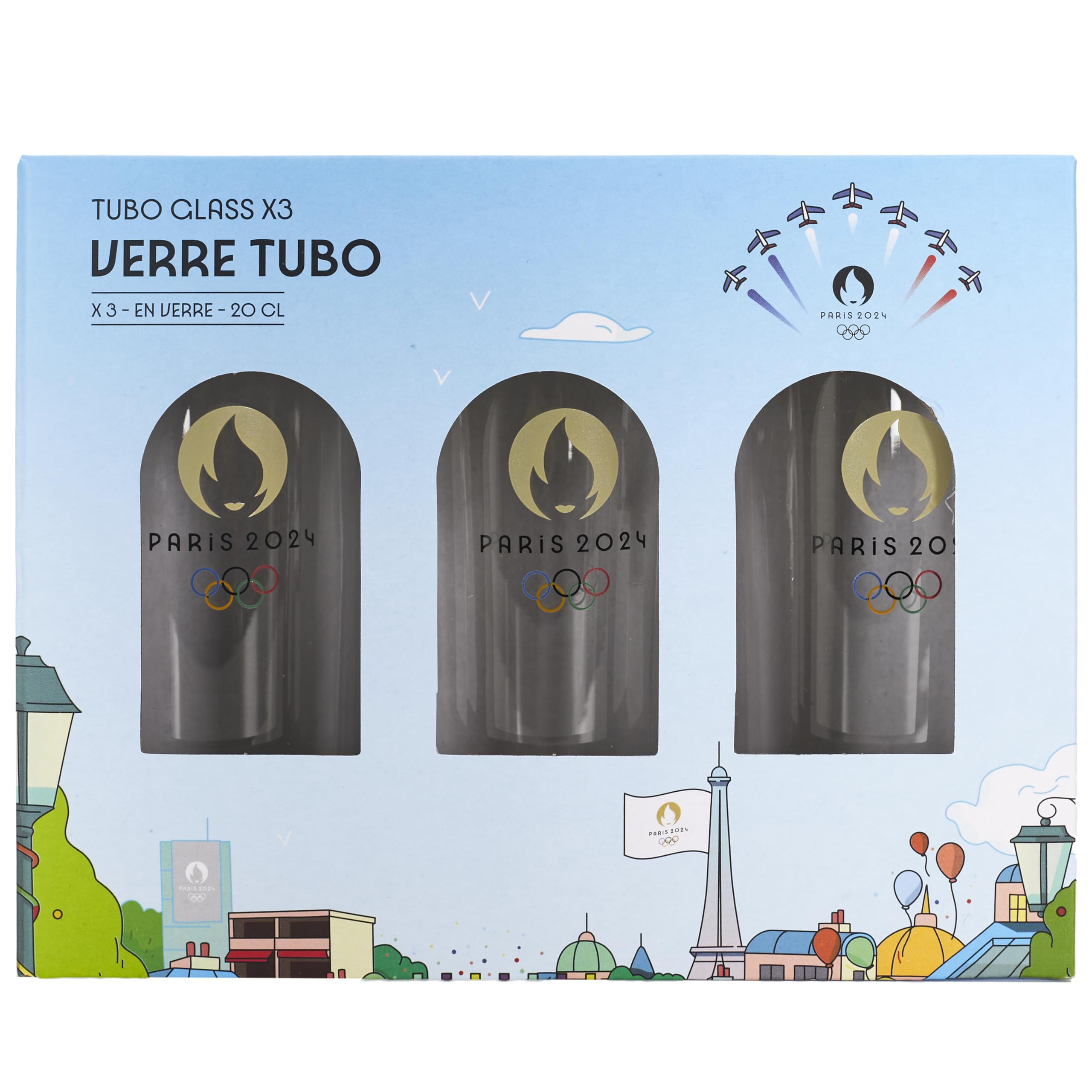 PARIS 2024, CJO4400, zestaw 3 szklanek tubowych 20 cl, oficjalny produkt, nowoczesny design, idealny do domu, restauracji, na imprezy, można myć w zmywarce