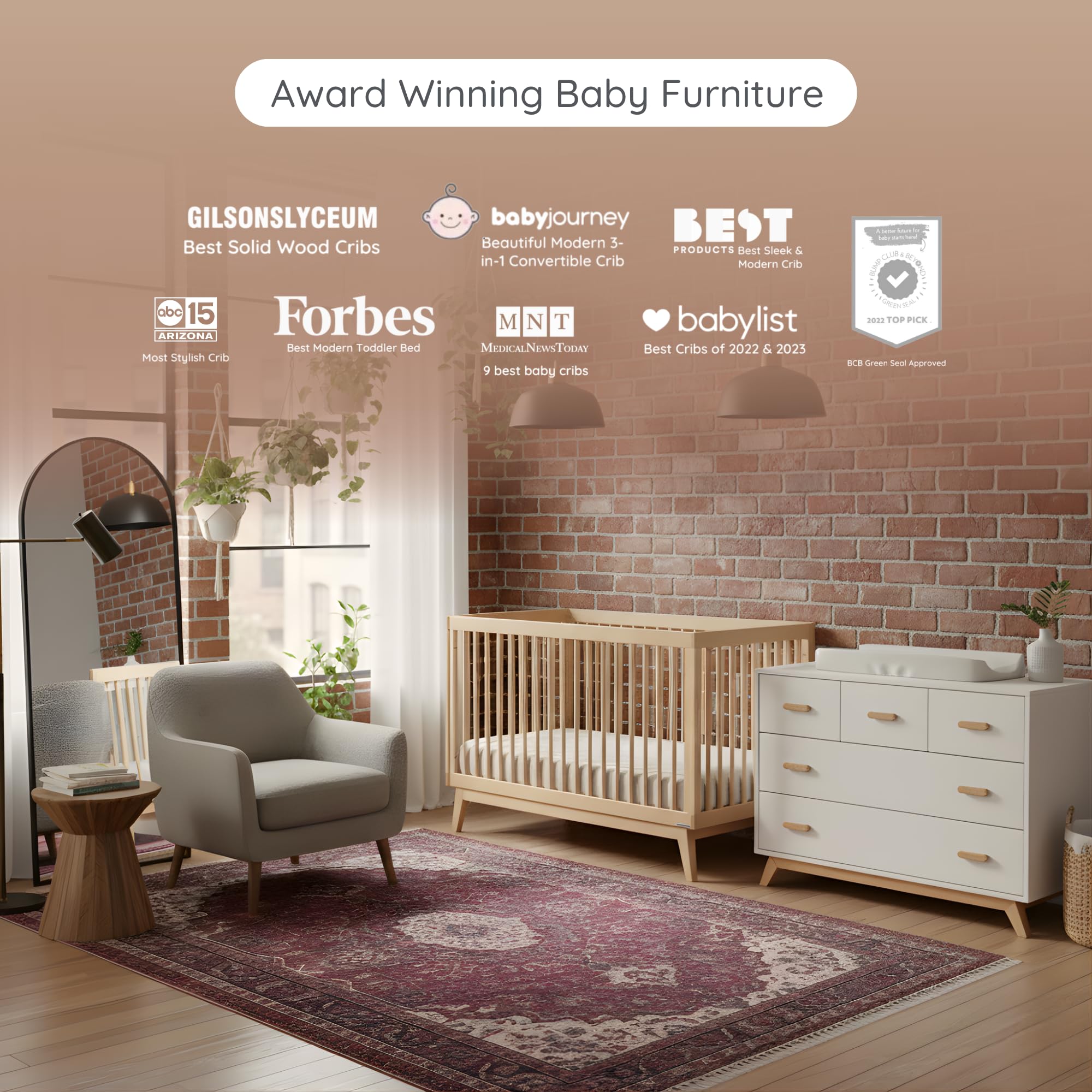 dadada Soho Nursery Furniture Set, Baby Crib & Dresser Combo, White/Natural