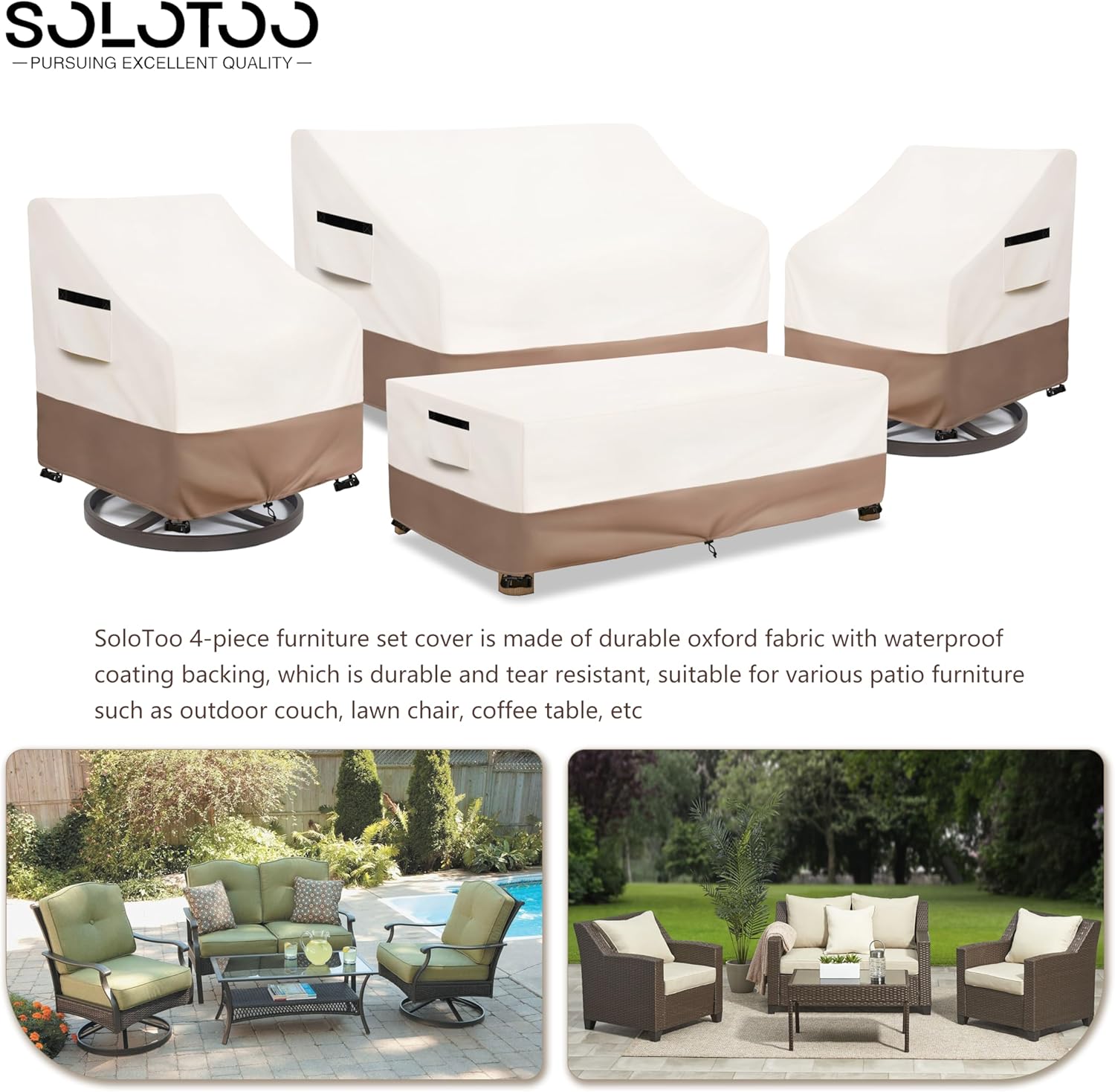 Patio Furniture Covers Waterproof, Heavy Duty 4-Piece Furniture Set Cover for Outdoor Couch, Lawn Chair, Coffee Table (Large,Beige)
