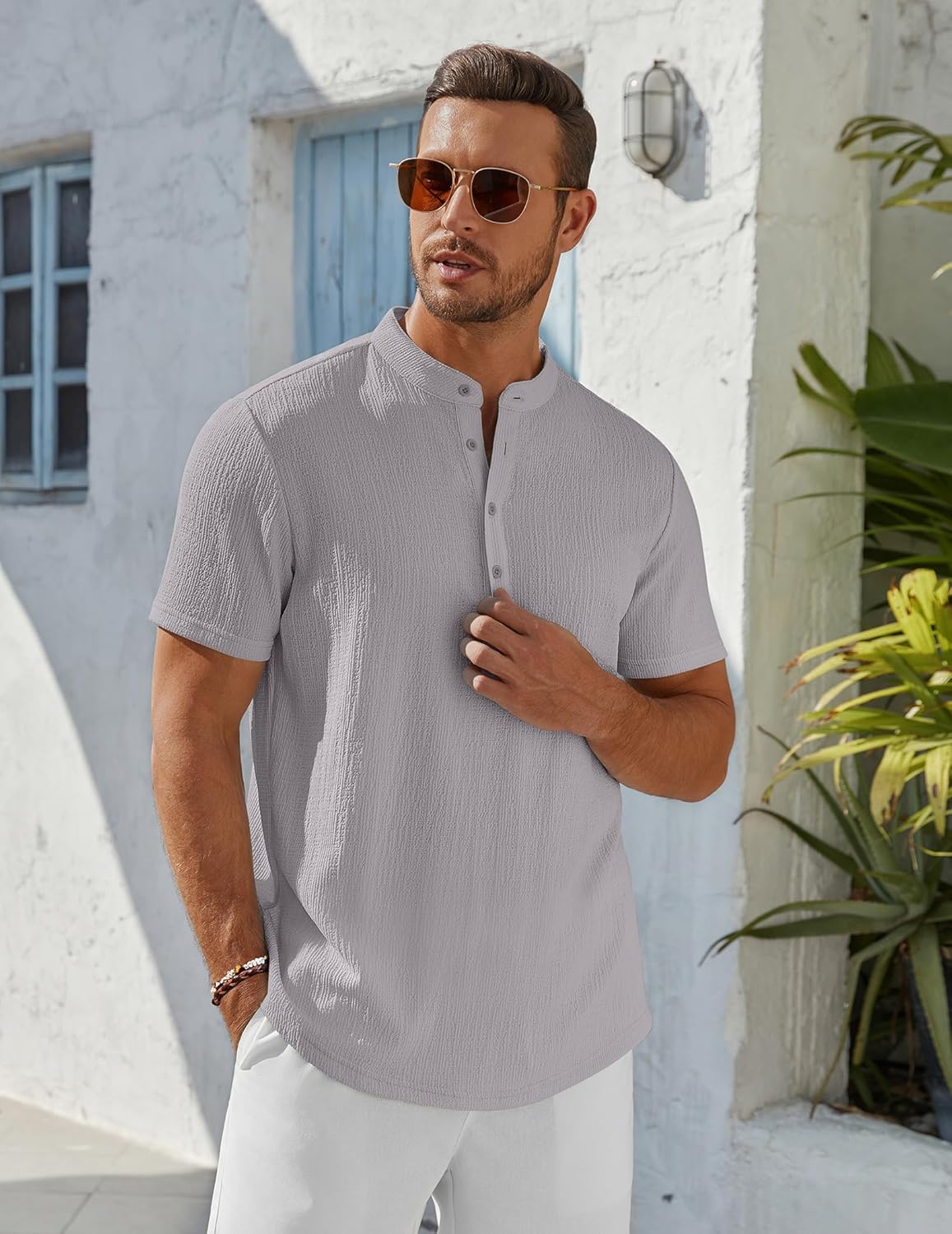 COOFANDY Men's Henley Shirt Short Sleeve Stand Collar Summer Casual Beach Hippie T-Shirts - Image 4